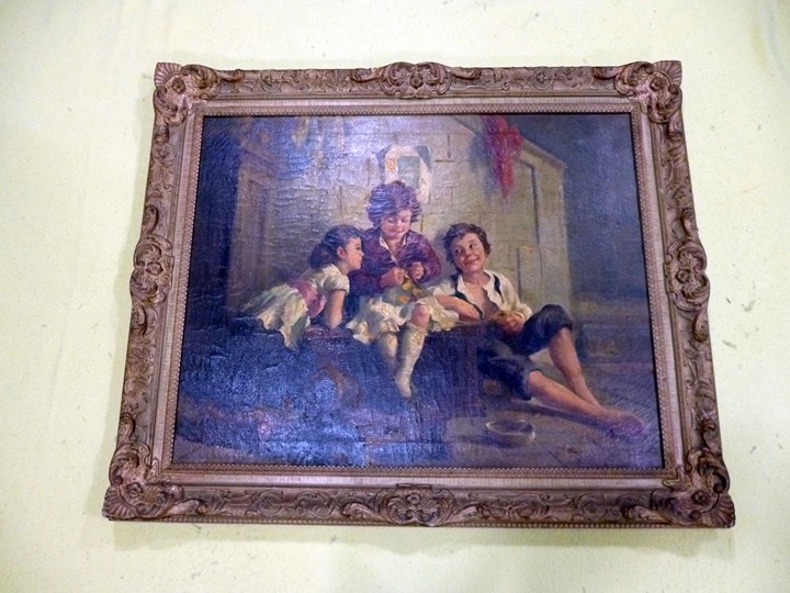 RAREST OIL PAINTING HAND PAINTED ON CANVAS SEATED CHILDREN KNITTING SINGED 2307