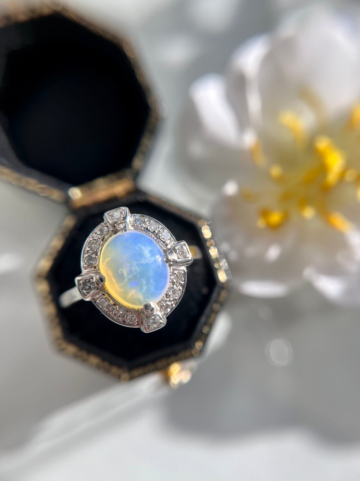 14k White Gold Art Deco Opal and Diamond Ring