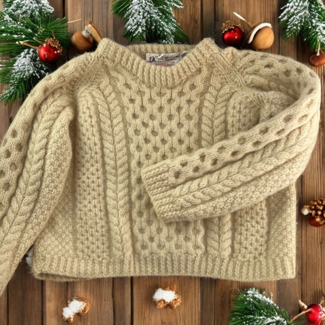 VTG Youth S Blarney Hand-Knit Irish Fisherman Sweater 100% Wool Cream 77cm/30