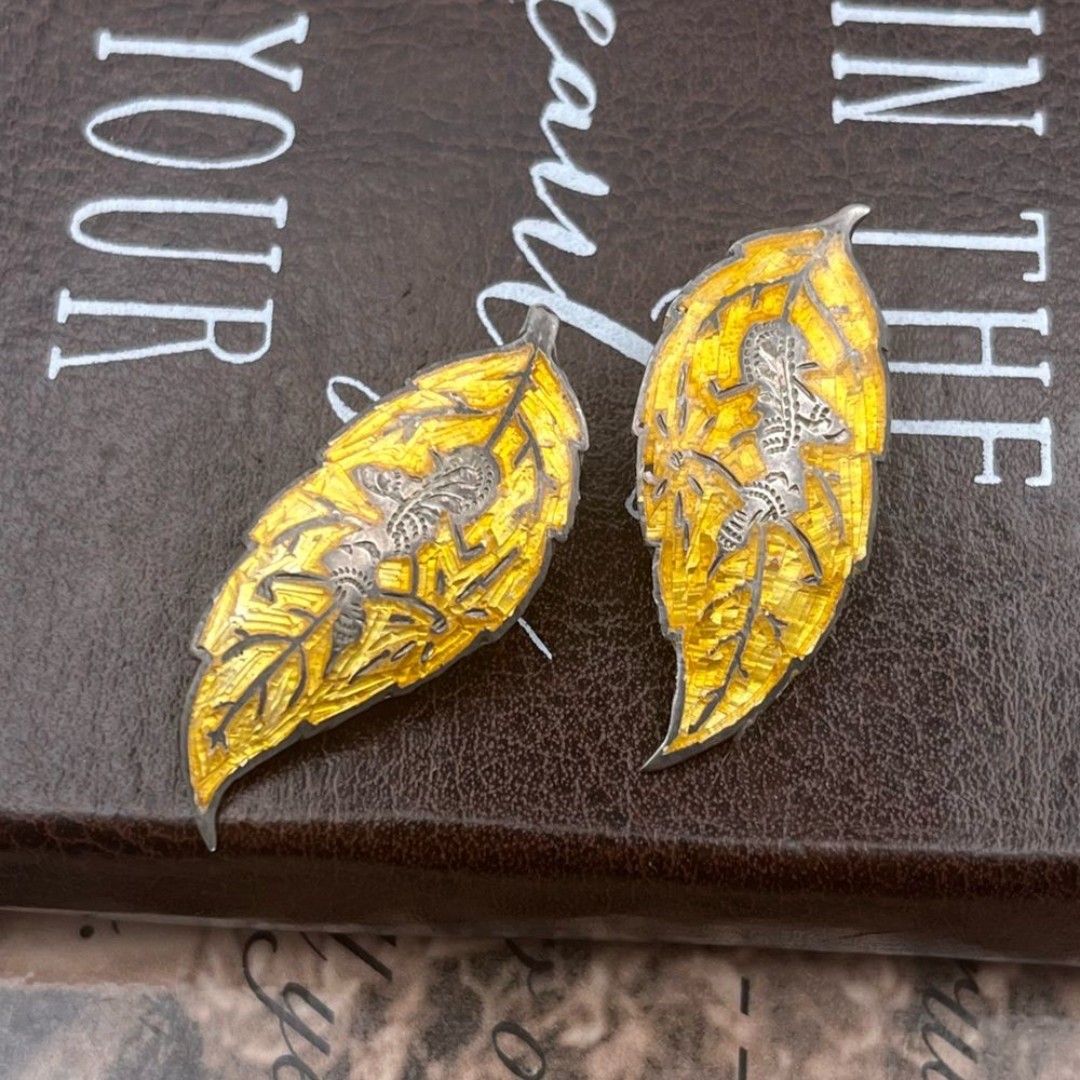 Vintage Yellow Silver Leaf Tribal Sterling Silver Clipon Earrings