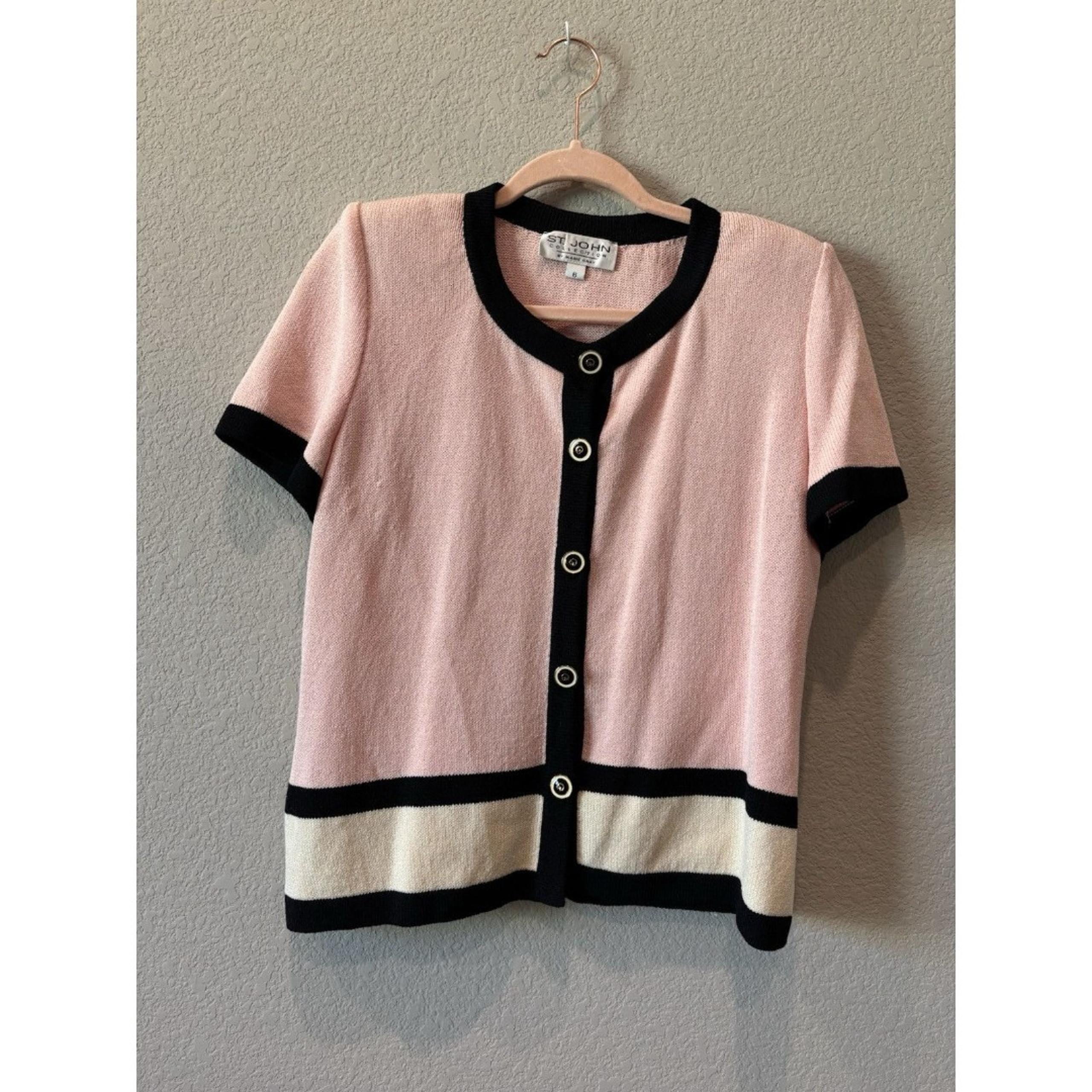 ST JOHN MARIE GRAY Pink Black Knit Button Down Knit Shirt Top Women’s 6