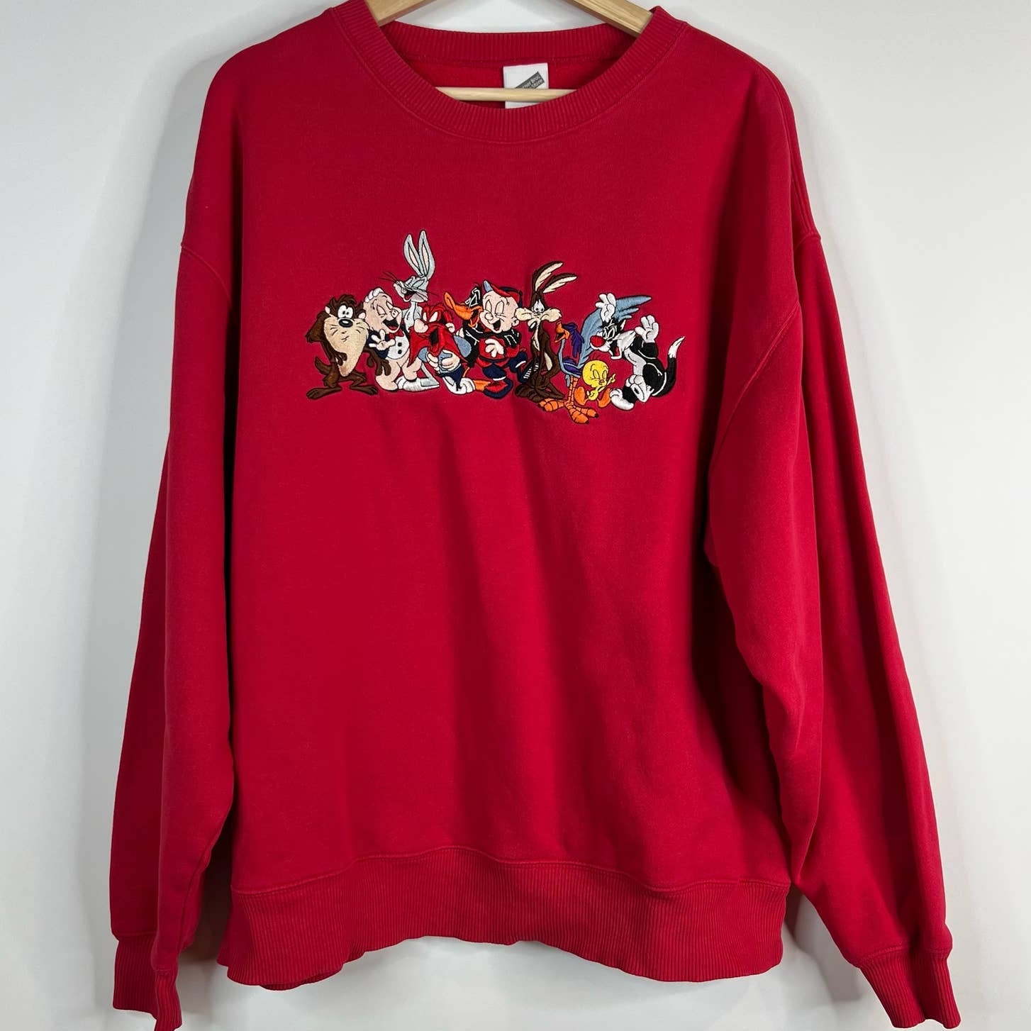 Vintage Warner Bros Looney Tunes Sweatshirt XL Red Oversized Embroidered 90s Y2K