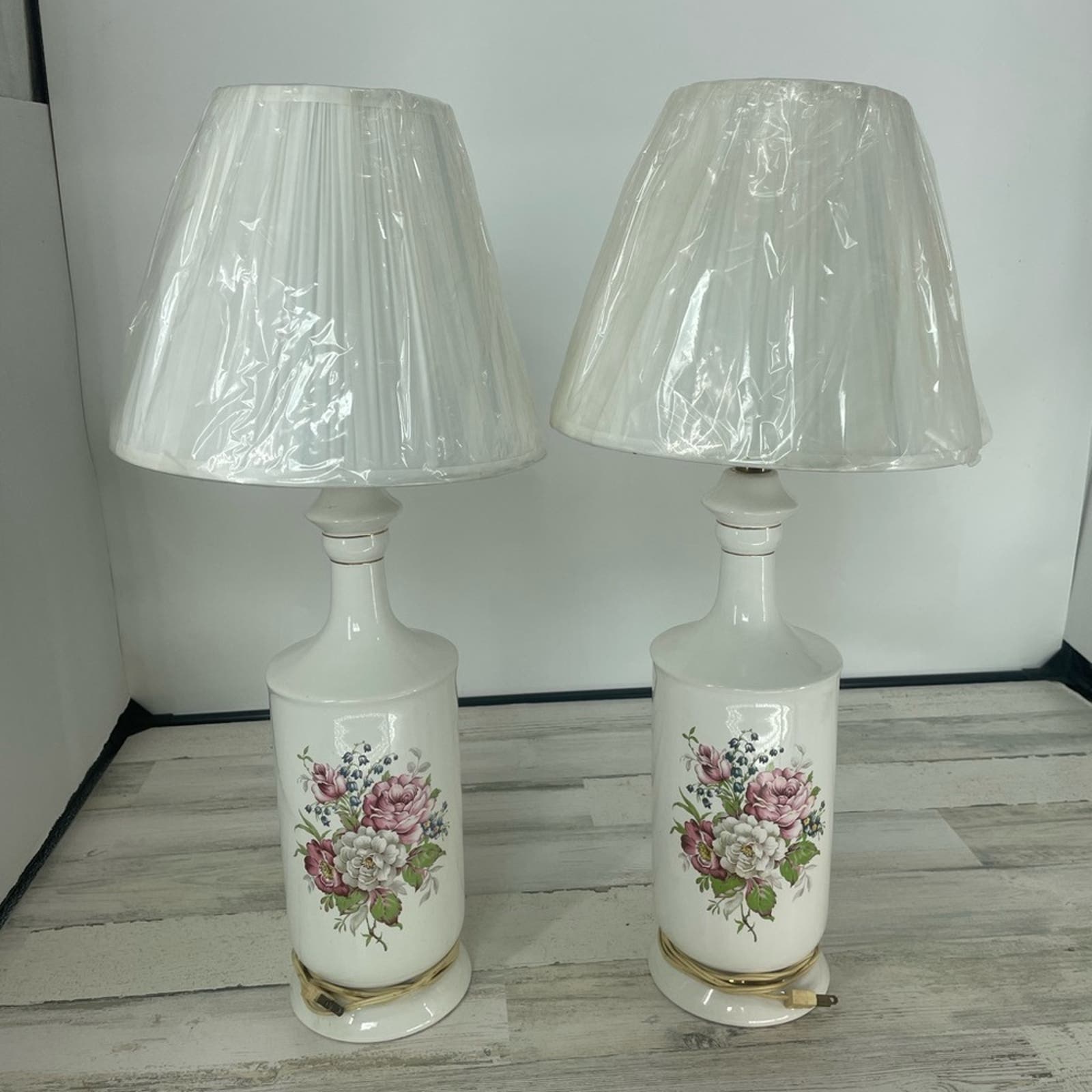 Vintage Cottagecore Porcelain Lamps With Hand painted Flowers Set of 2