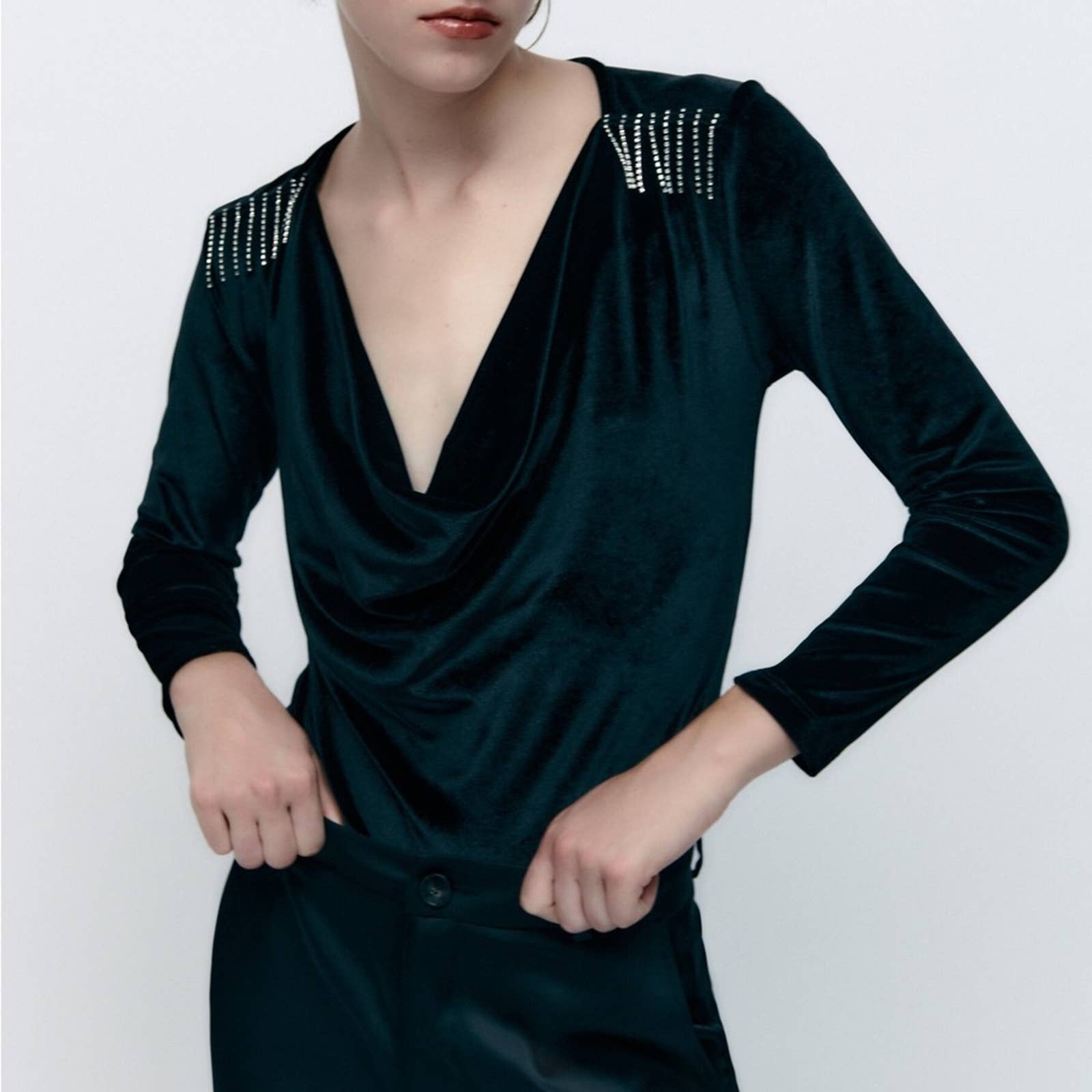 NWT Zara Black Beaded Shoulder Velvet Bodysuit.