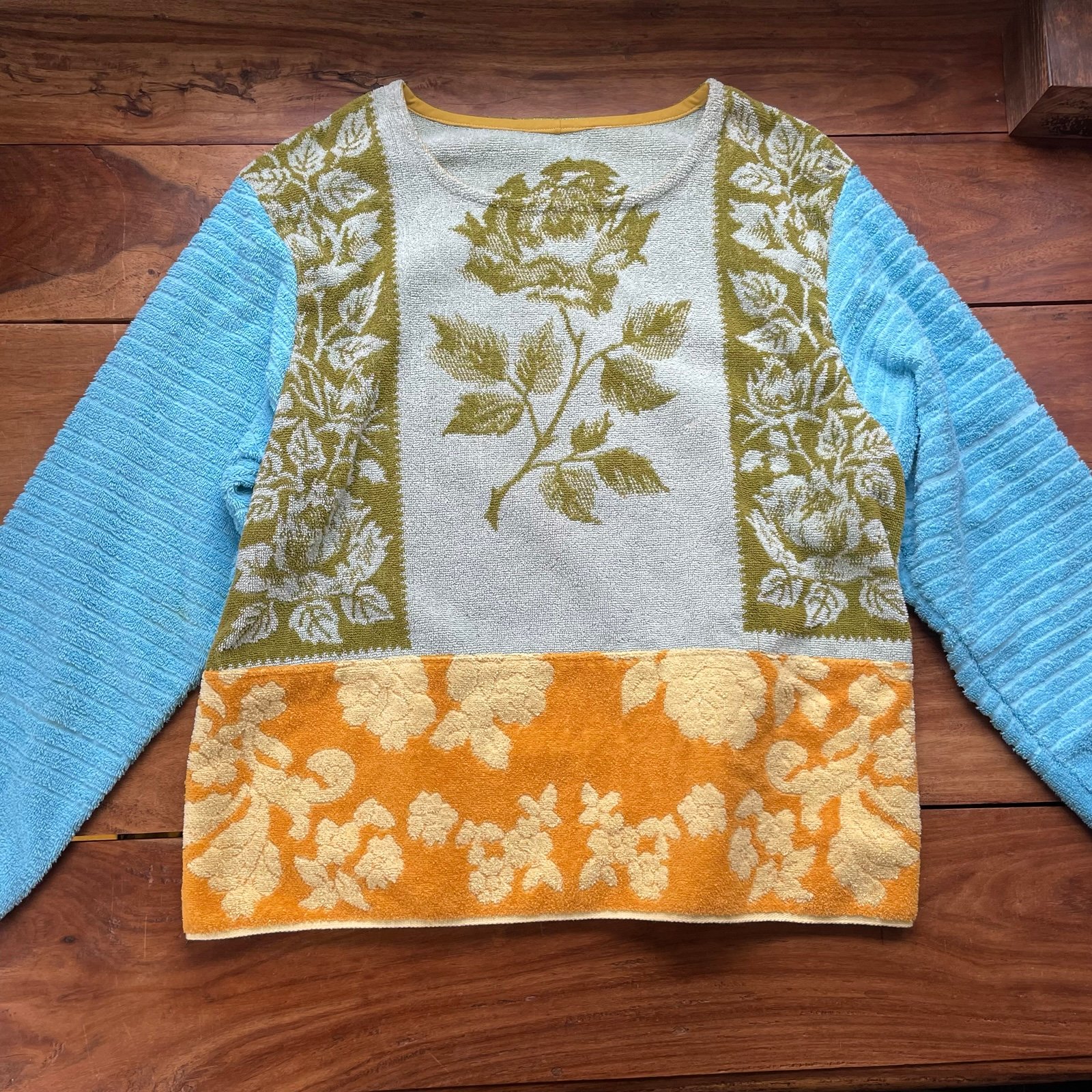 OOAK Vintage Beach Towel Upcycled Crewneck Sweatshirt by Four Birds Nest