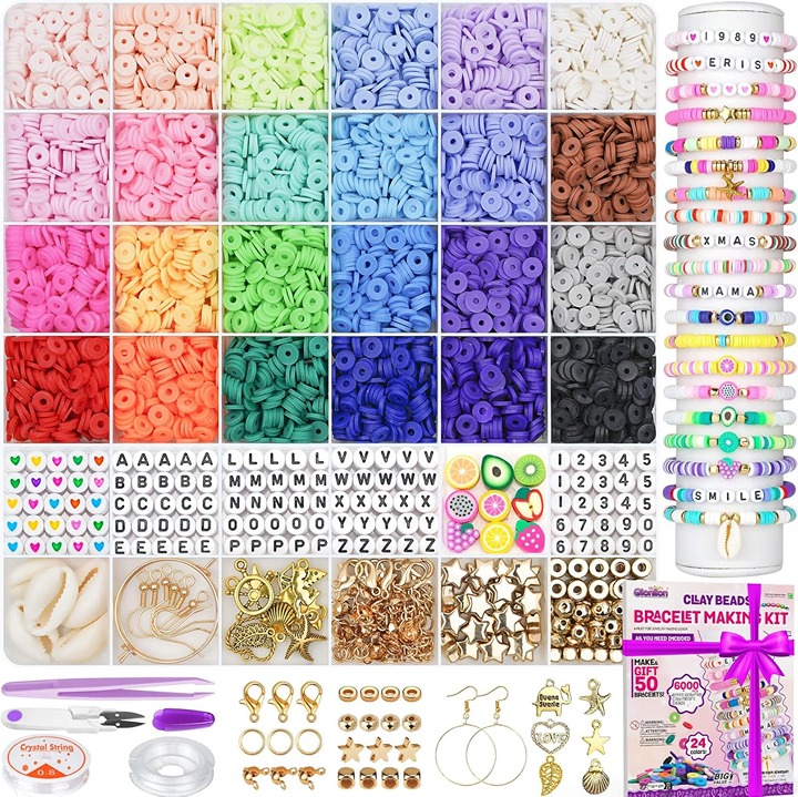 6000 Clay Beads Bracelet Making Kit, 24 Colors Flat Preppy Beads