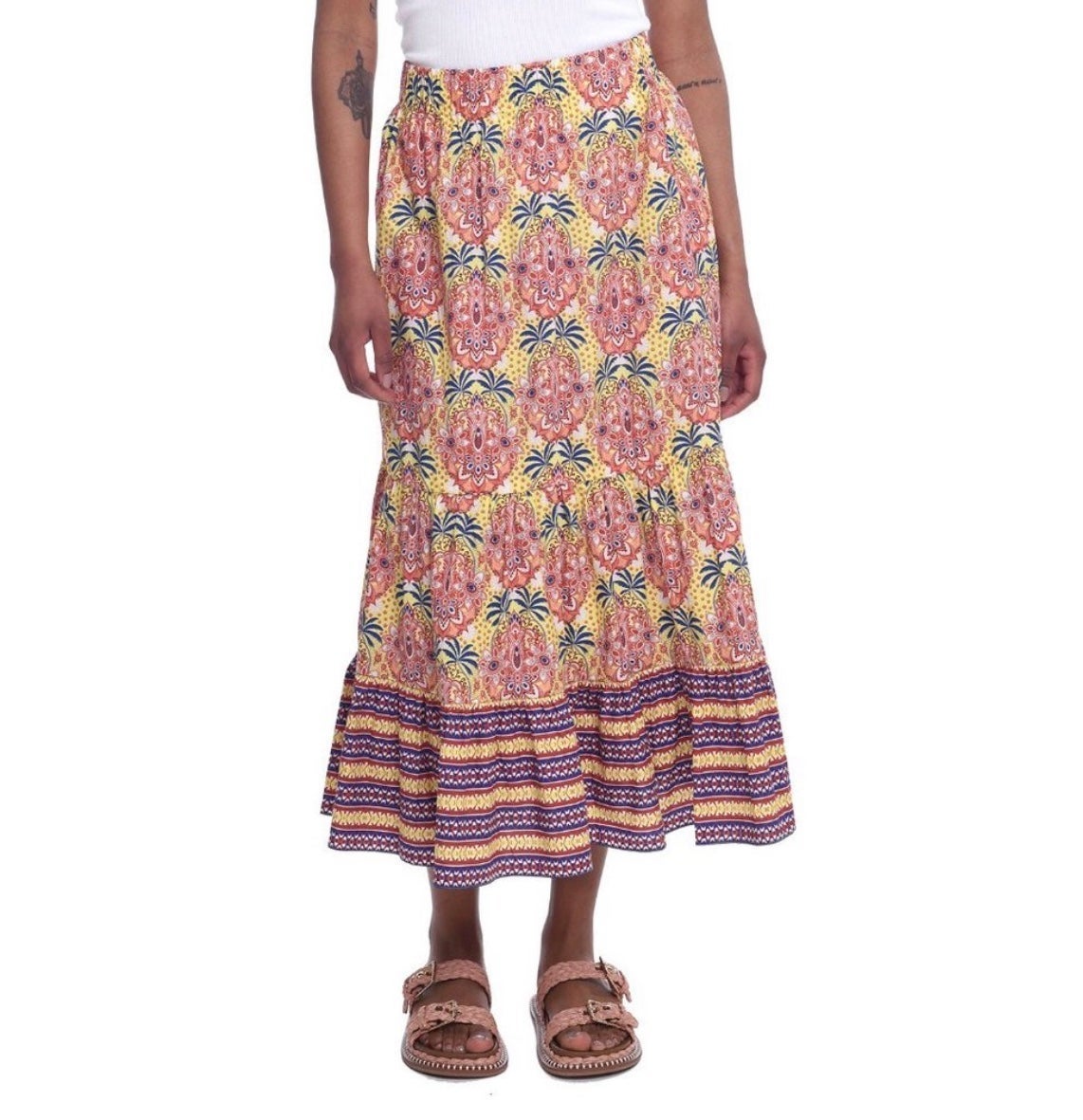 Cara Cara Chase Skirt - Palm Medallian Yellow Midi Skirt - Small