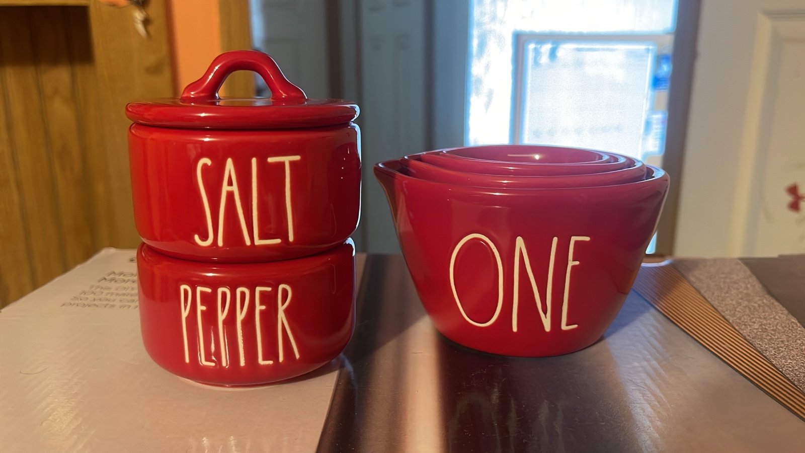 Rae Dunn measuring cups and s&p