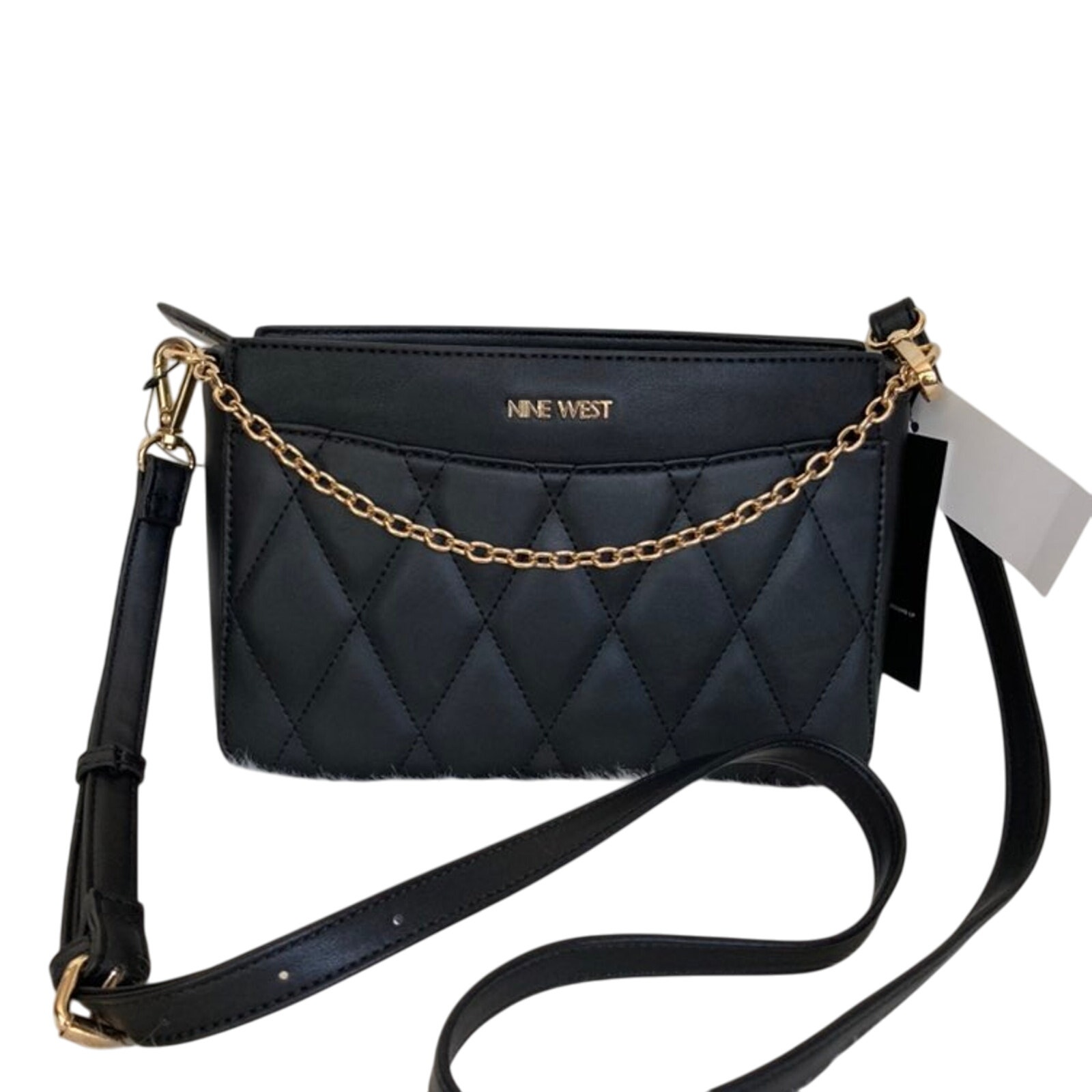 Brand New Beautiful Black NINE WEST Cross Purse/Handbag Knit Face Logo Gold Ch