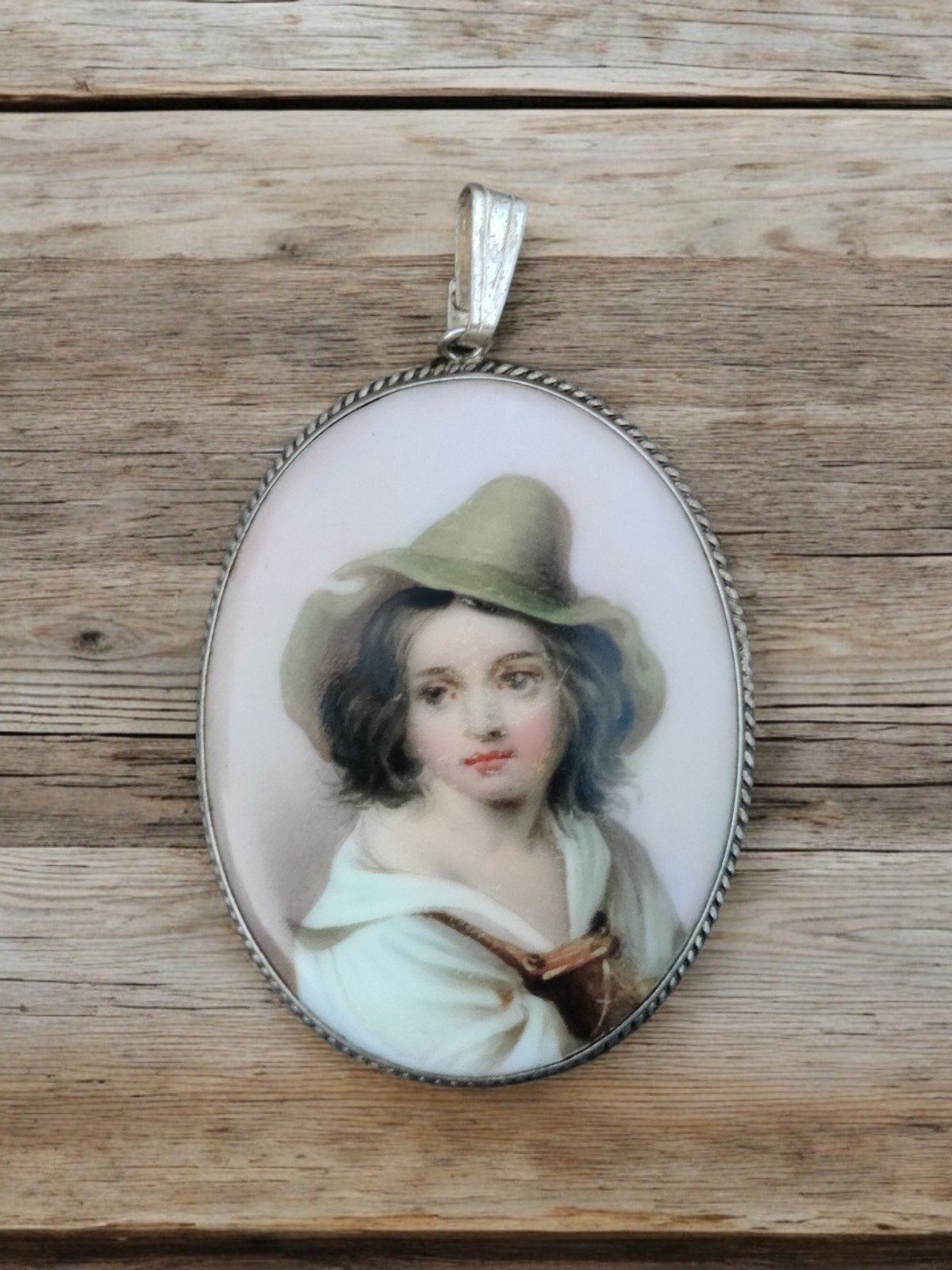 Antique sterling silver painted cameo peasant portrait pendant