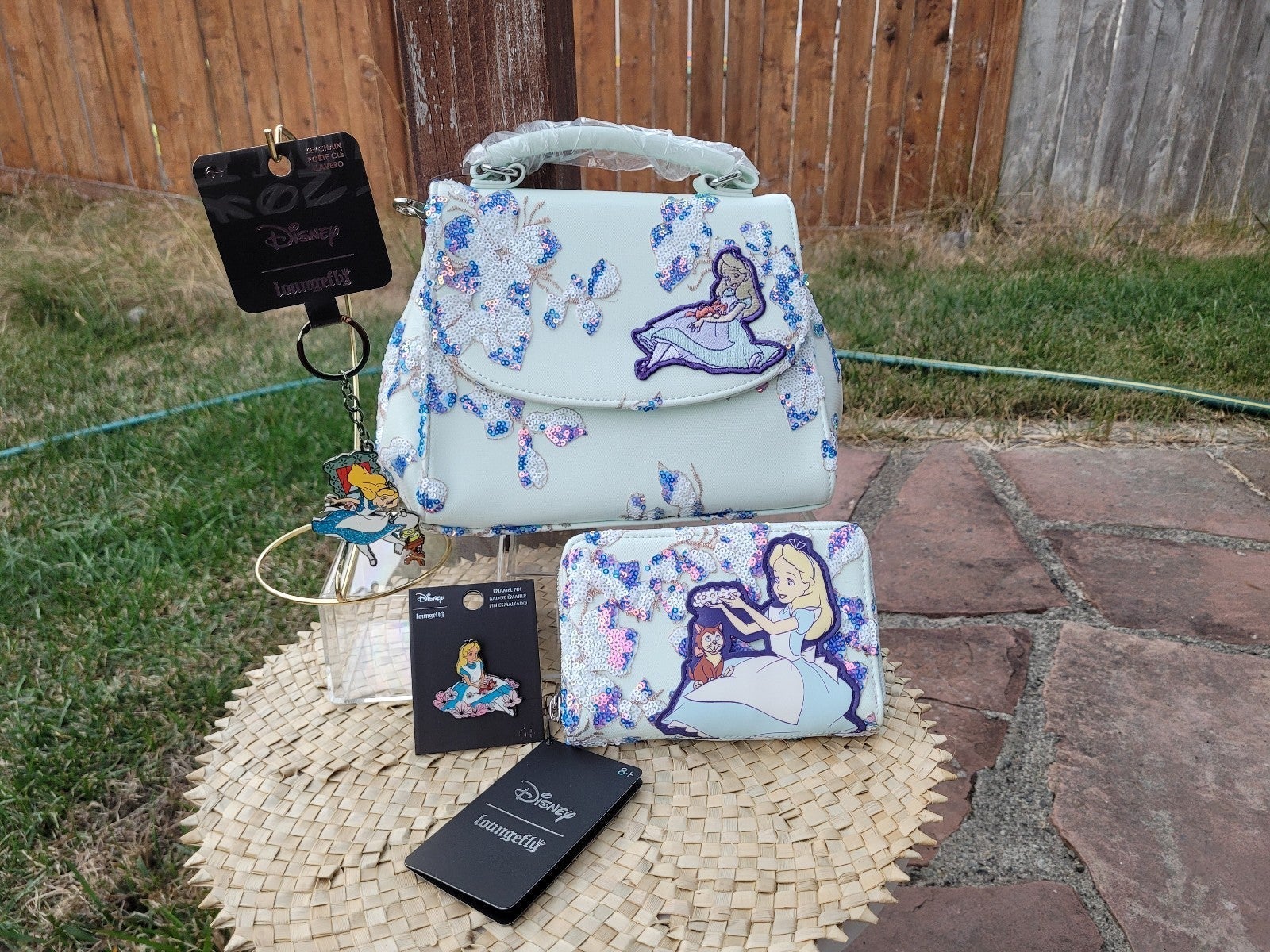 Loungefly Alice in the Wonderland Alice & Dinah Floral Sequin Handbag set