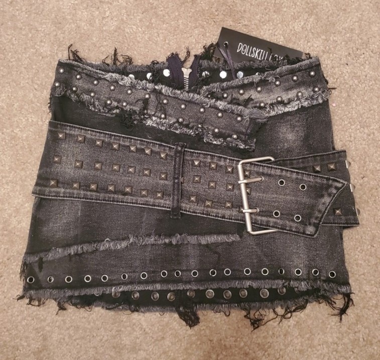 NWT Dolls Kill Current Mood Record Store Escape Studded Black Wash Mini Skirt
