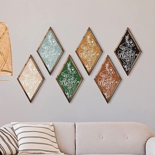 6 Pieces Mushroom Wall Decor Farmhouse Home Wall Decor Boho Wood Diamond Decor