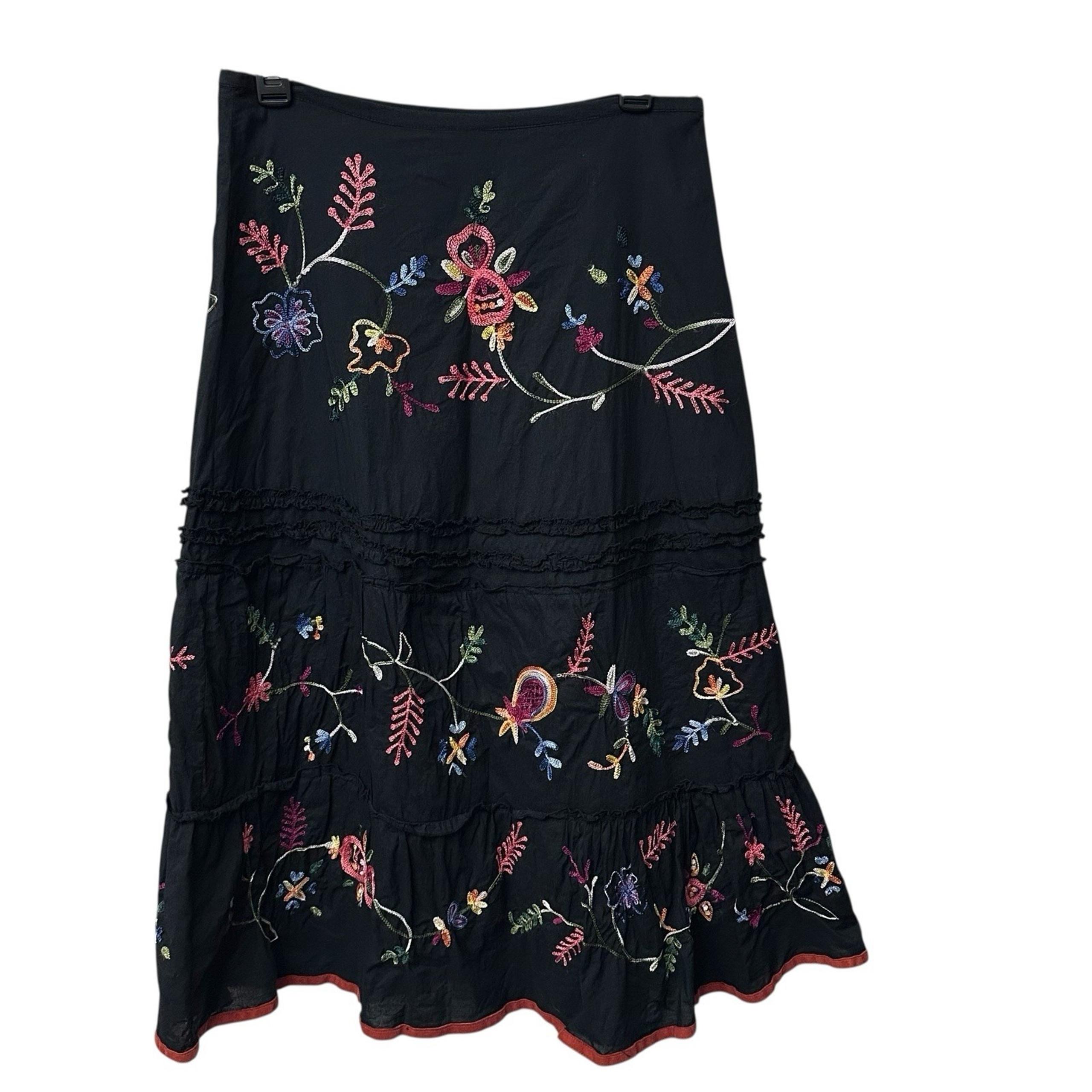 Size 6 A-Line Skirt Black Embroidered Boho Feminine Midi Tiered - Mix Nouveau