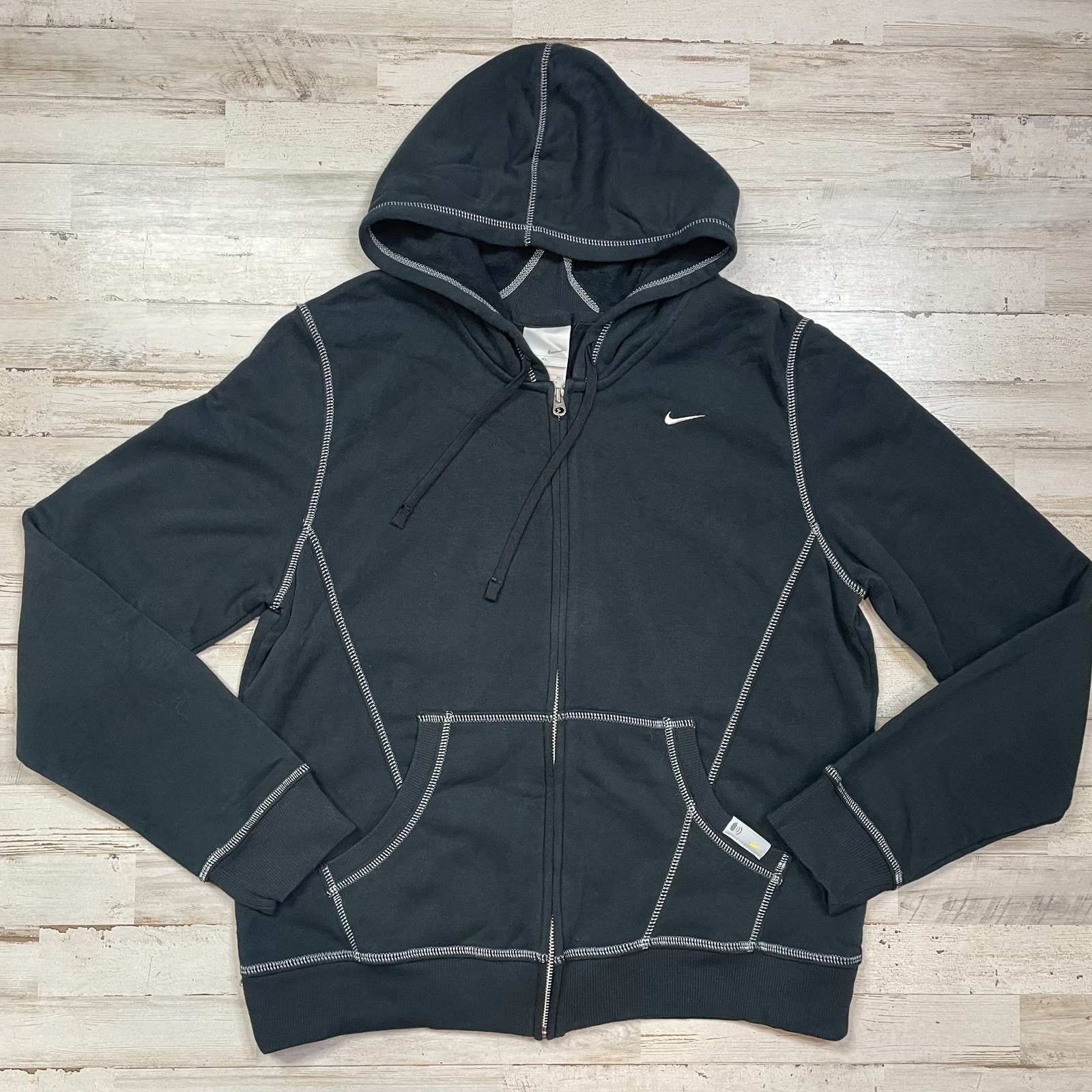 NIKE Black Fleece White Trimmed Hoodie Womens Sweatshirt Jacket SZ XL C101989
