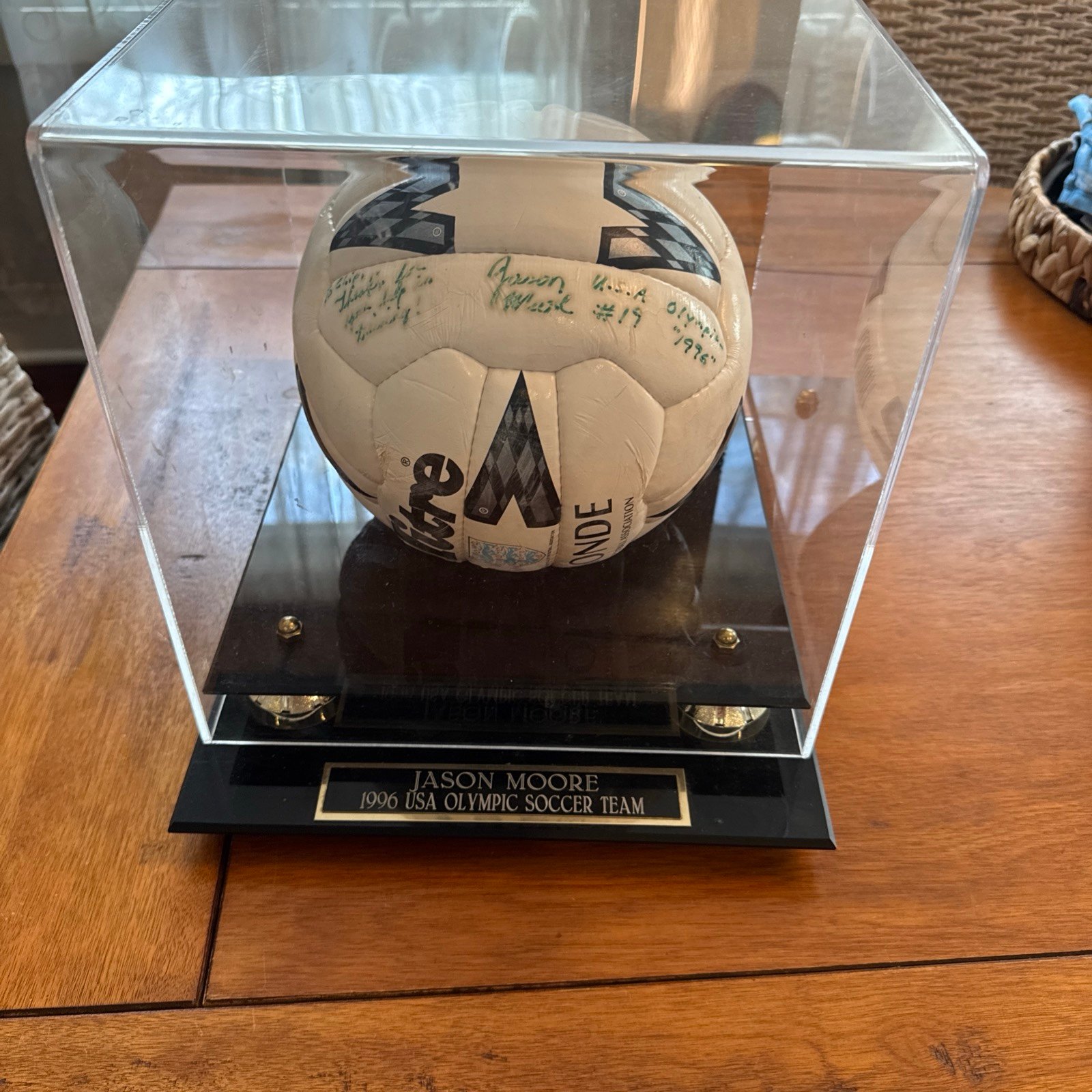 Jason Moore Player Used Autographed Soccer Ball 1996 USA Olympic Team In Case