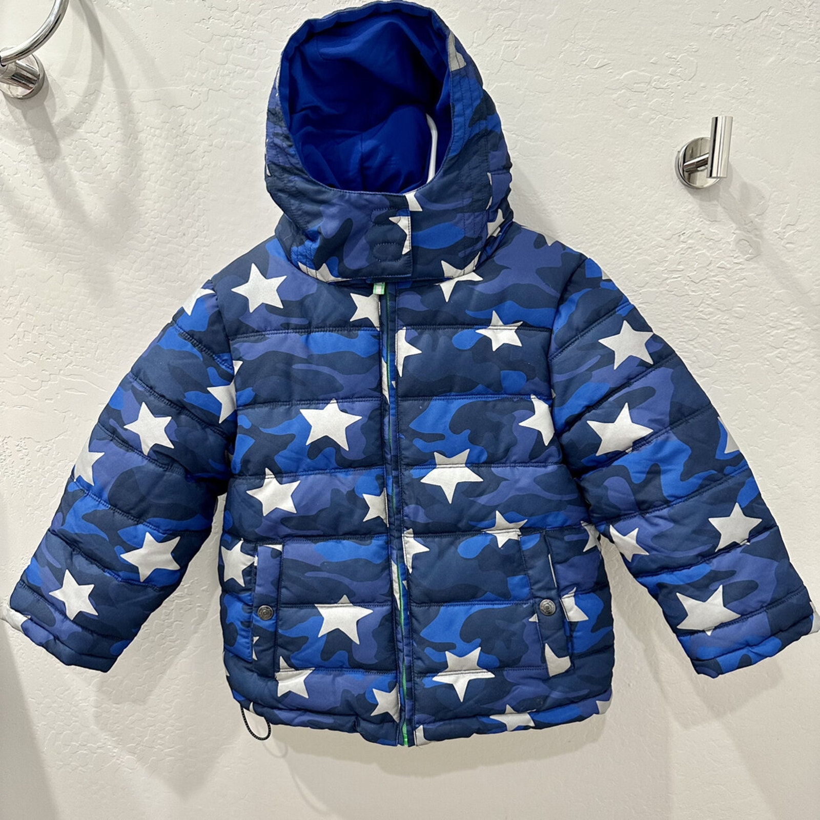 Mini Boden Camo Blue Stars Hooded Winter Jacket