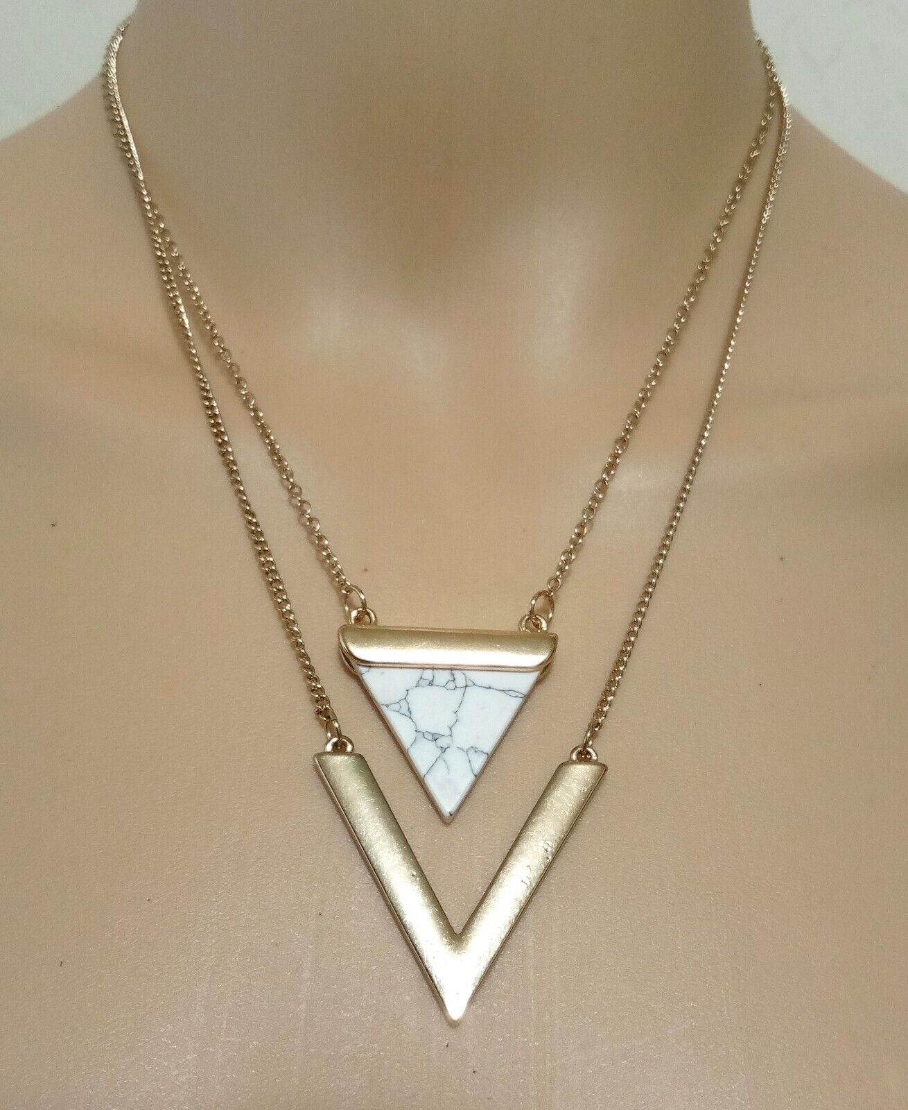 Double Layered White Turquoise Pendant Triangle With Gold Plated Alloy Chevron V
