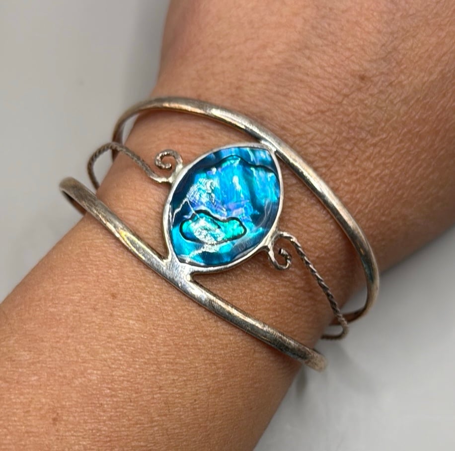Vintage Silver Alpaca Mexico Blue Abalone Large Cuff Bangle Statement Bracelet