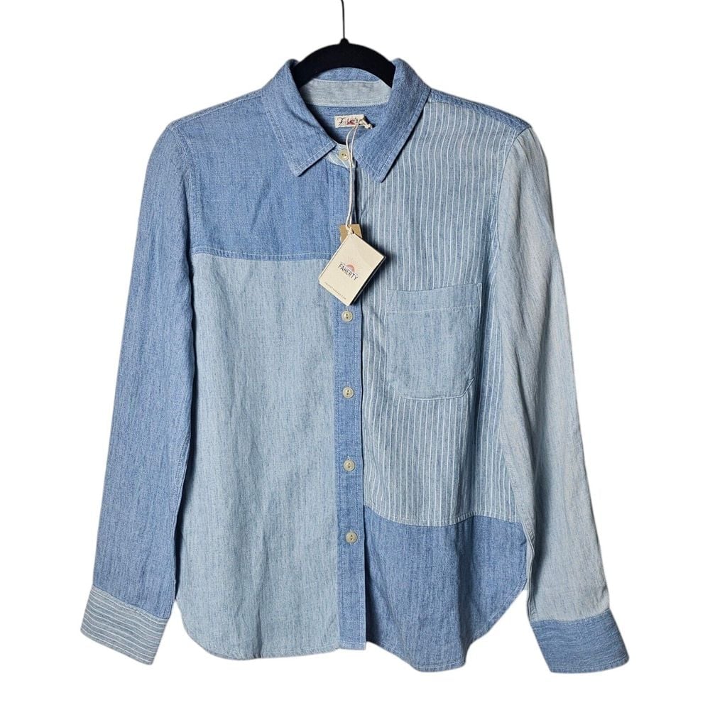 NWT Faherty Button Up Tried and True Shirt Blue Chambray Patchwork S Classic