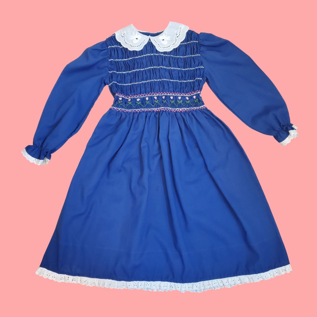 Vintage 70's Girl's Polly Flinders Navy Smocked Dress