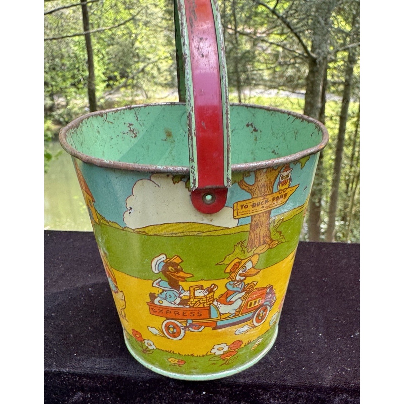 Rare Vtg J. CHEIN Sand Bucket Pail Tin Litho Animals To DUCK Pond CHICKS -T24