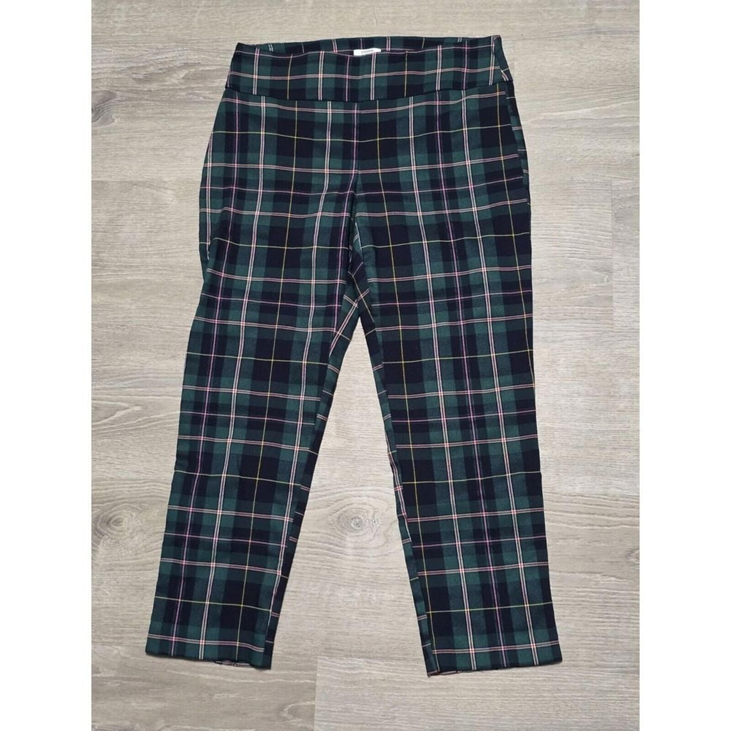 Crown And Ivy Petite Women's Green Blue Plaid Bow Hem Pants Size 10P