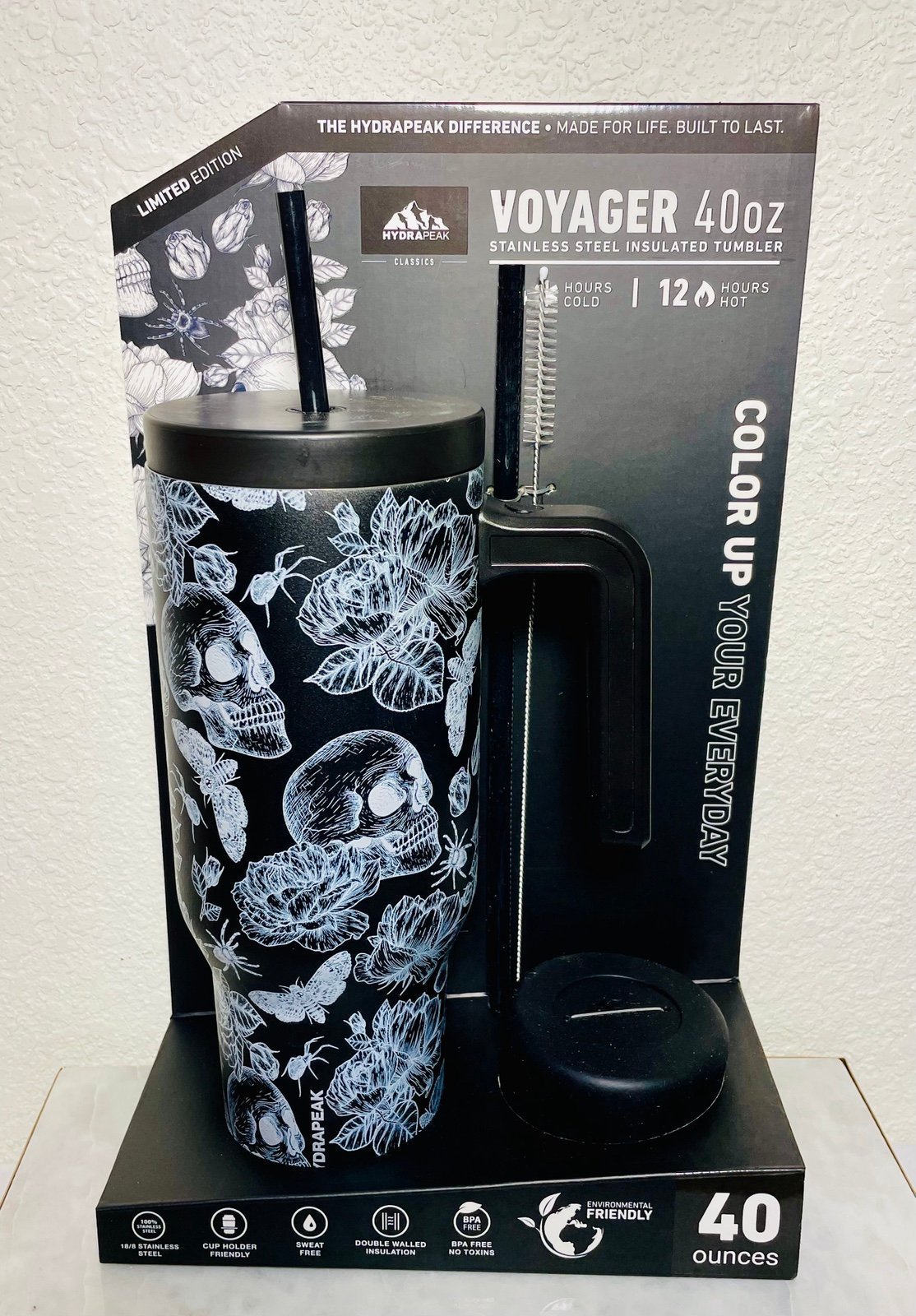 Hydrapeak Halloween Skulls/Moths Voyager 40 oz. Tumbler & Accessories BN!
