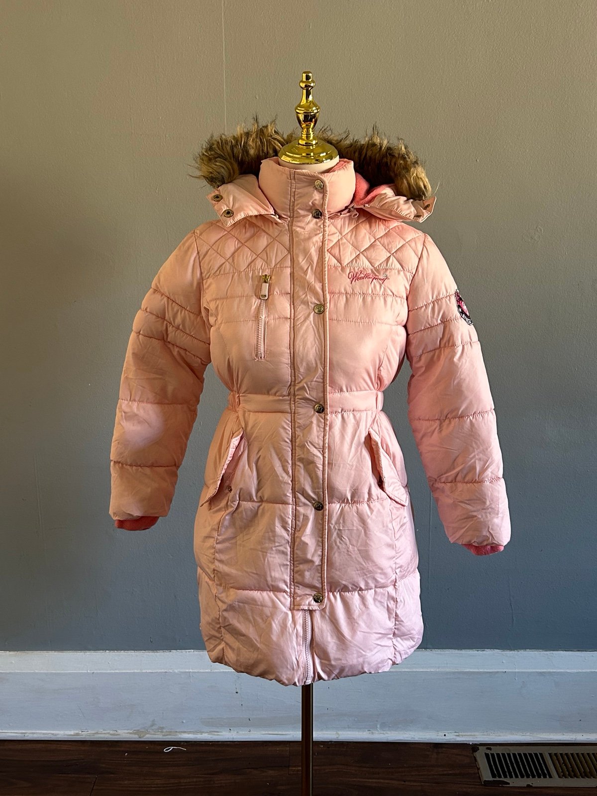 Weatherproof Long Pink Quilted Puffer Jacket with Fur-Lined Hood | Size: M 10/12