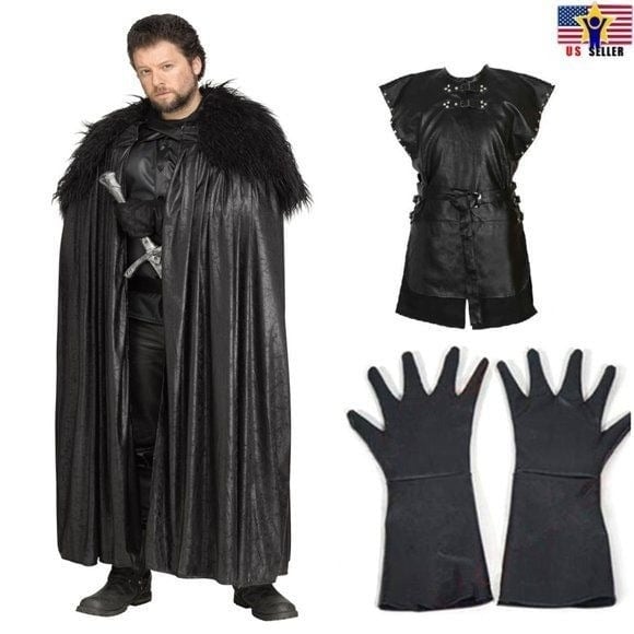 Game of Thrones Jon Snow Men Cosplay Costume Hallo.. Cloak Outfit + Glov. Size L