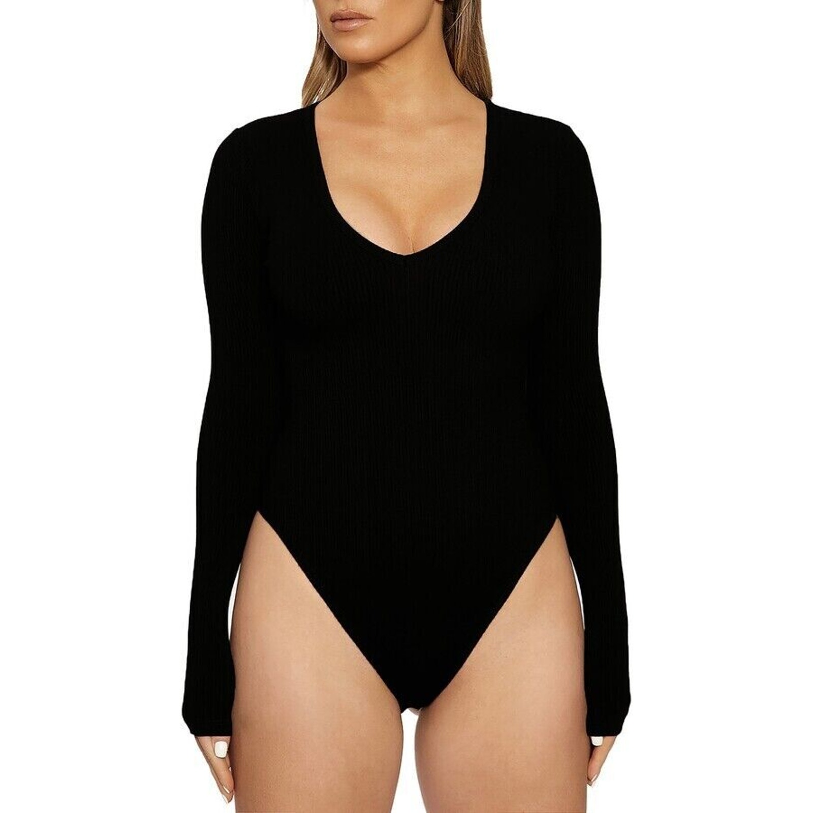 Naked Wardrobe NWOT The NW Deep-V Long Sleeve Bodysuit Black Size S