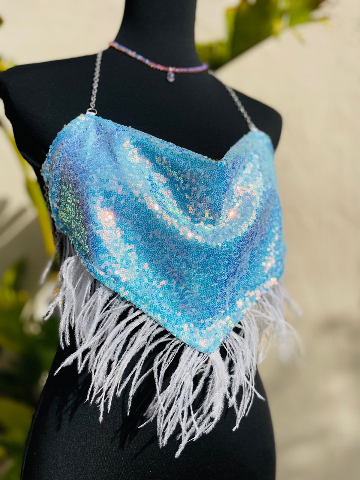 Handmade blue sequin & ostrich feather chain top