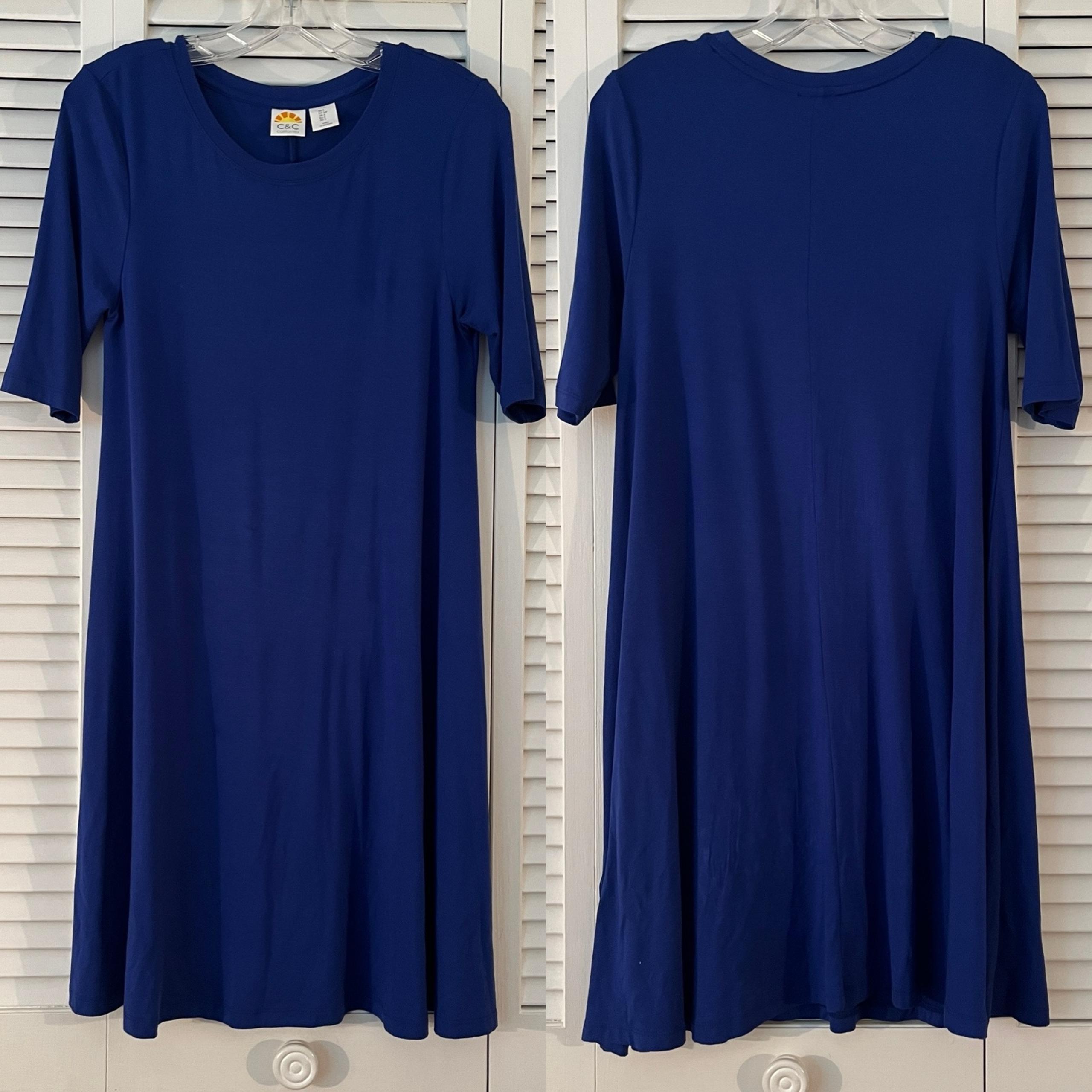 C&C California Blue A-line midi dress, size S, crew neck, rayon and spandex.