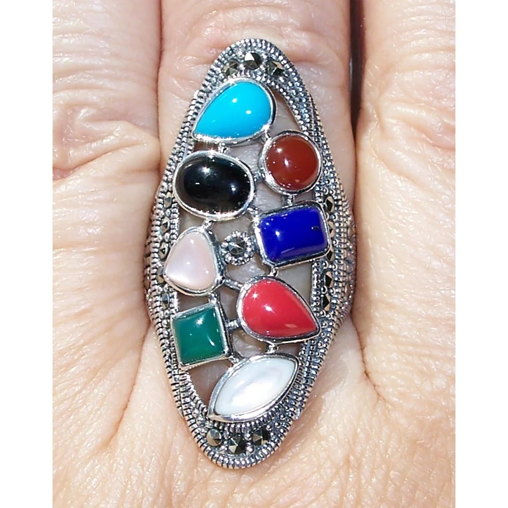 Size 9, 925 STERLING SILVER Multi Gemstone Marcasite Ring