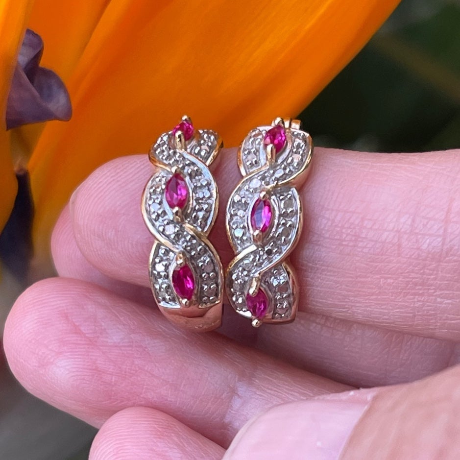 Lab grown red ruby & natural diamond gold plated sterling silver earrings