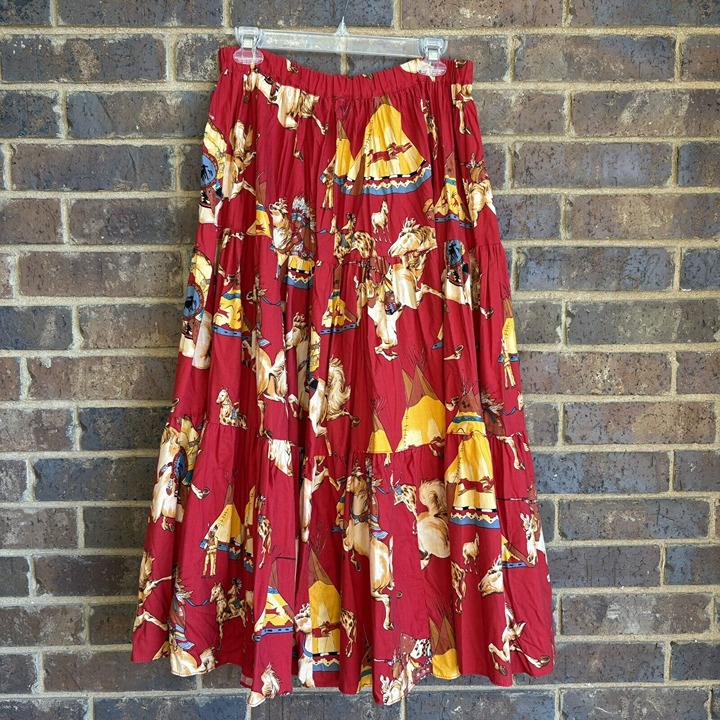 VTG Red Broomstick Skirt Native American Teepees Horses One Size READ ALL