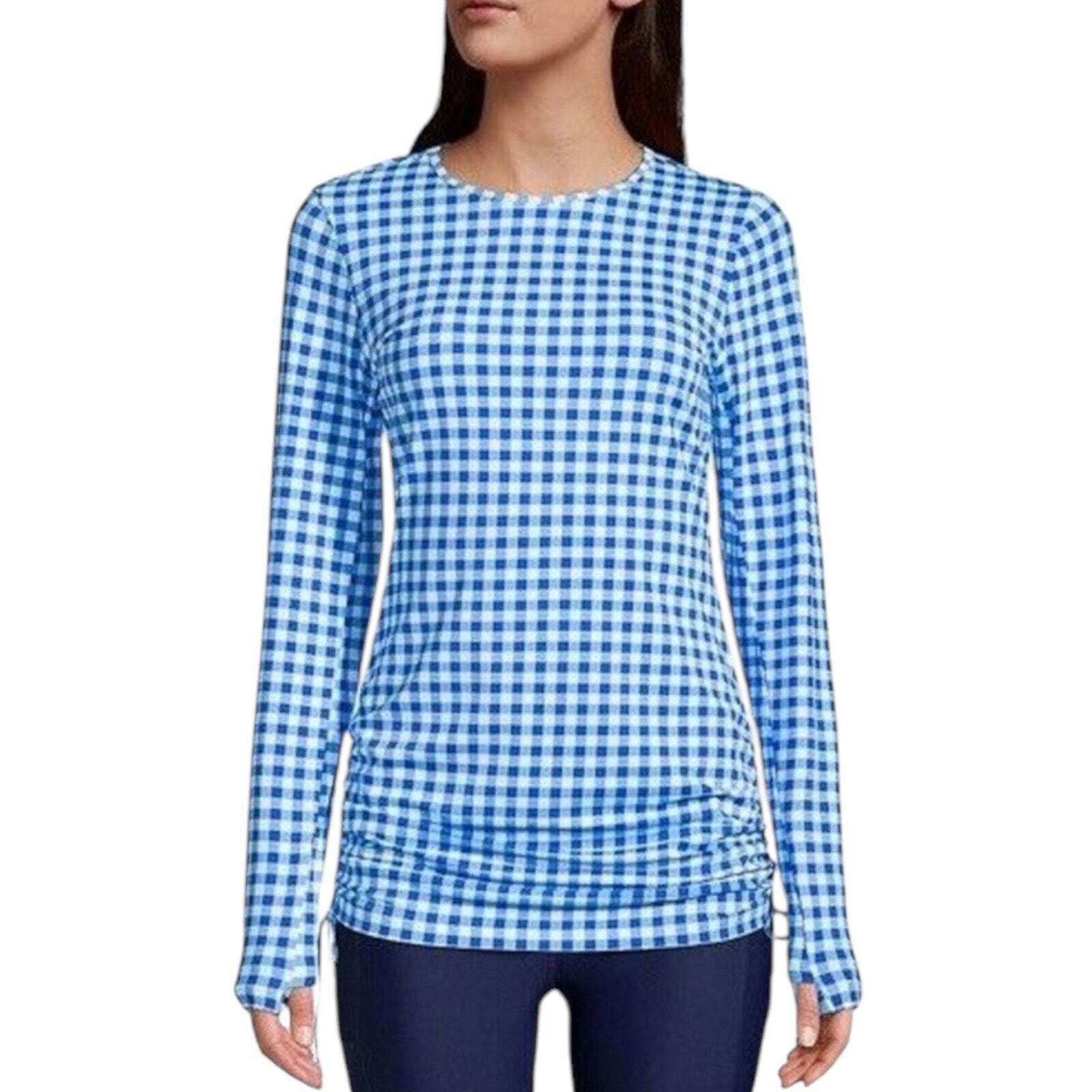 NWT Draper James X Lands End Blue Gingham Long Sleeve Tunic Rash Guard Medium