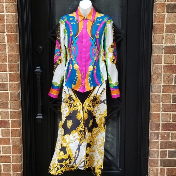 VERSACE Multicolor Mixed Baroque Print Silk Twill Asymmetrical midi skirt