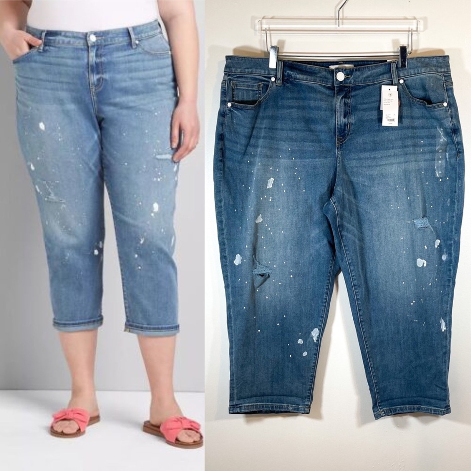 NWT Lane Bryant Signature Fit Boyfriend Capri Jean Light Wash Paint Splatter 20