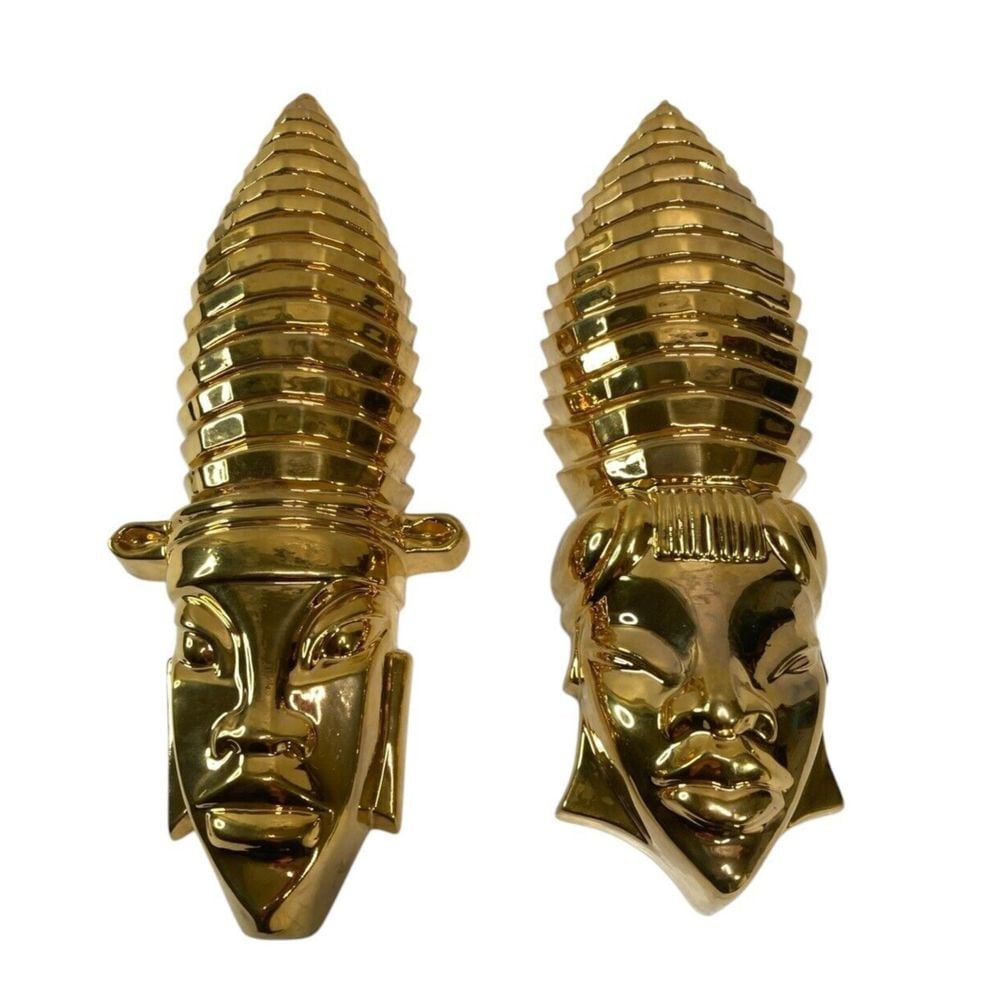 Vintage Mallory Ceramics Studios Tribal Wall Art Mask Pottery Bright Gold Tone