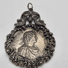 Vintage Silver Tone Faux 1660 Ancient Coin Ornate Pendant