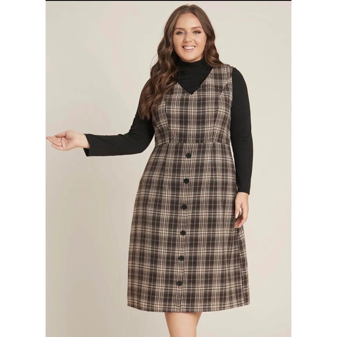 Bloom Chic Plaid Flannel Jumper Dress Midi Brown 22/24 Modest Prairie Cottage
