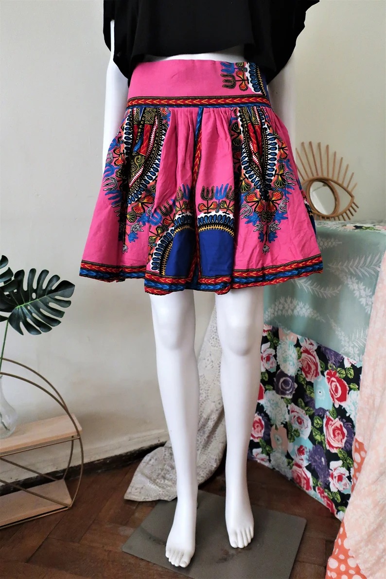 Vintage pink folklore cotton skater skirt with ornamental pattern 1990s 90s 2000