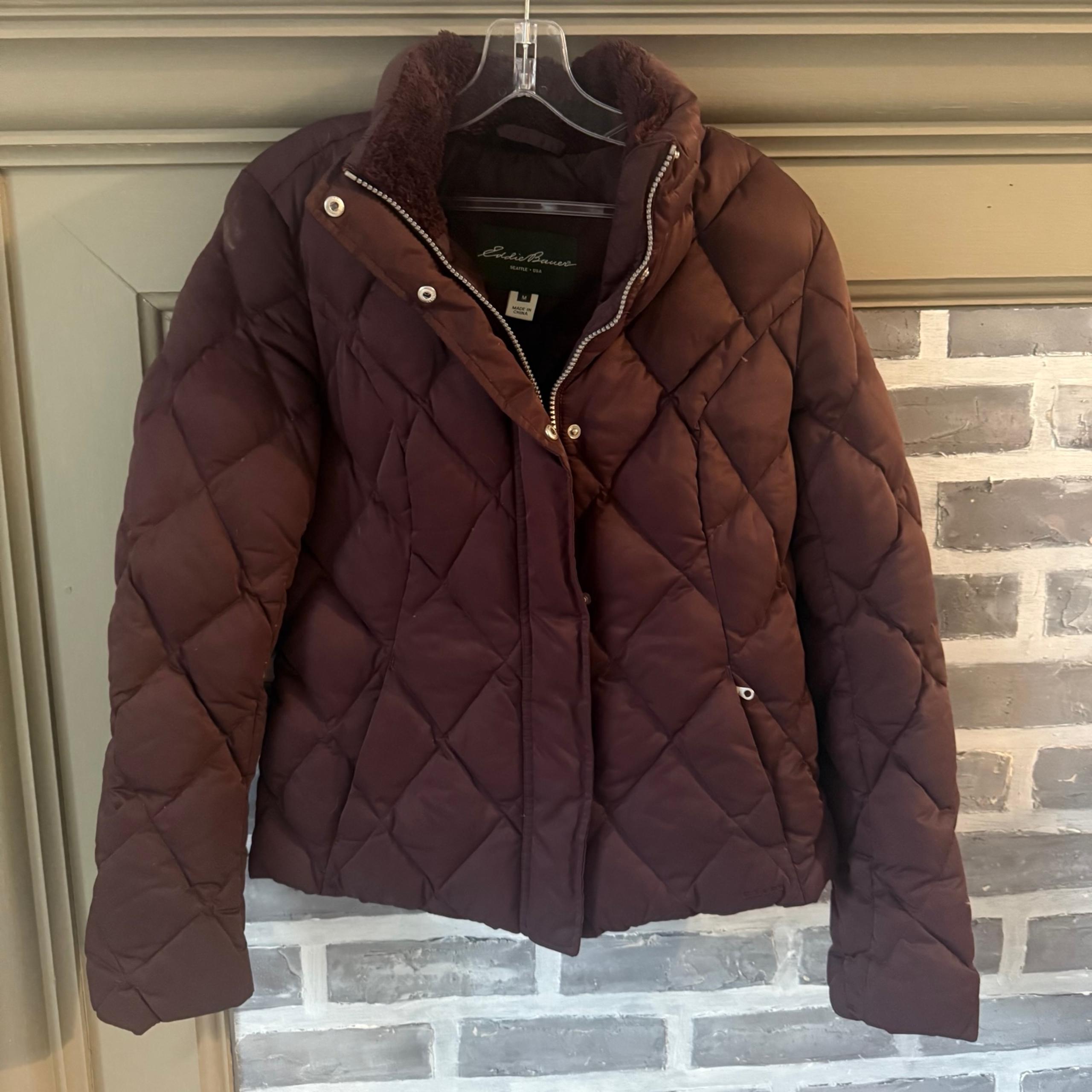 Eddie Bauer Women’s Down 650 Maroon Puffer Hoodless Zip Coat With Pockets Size M