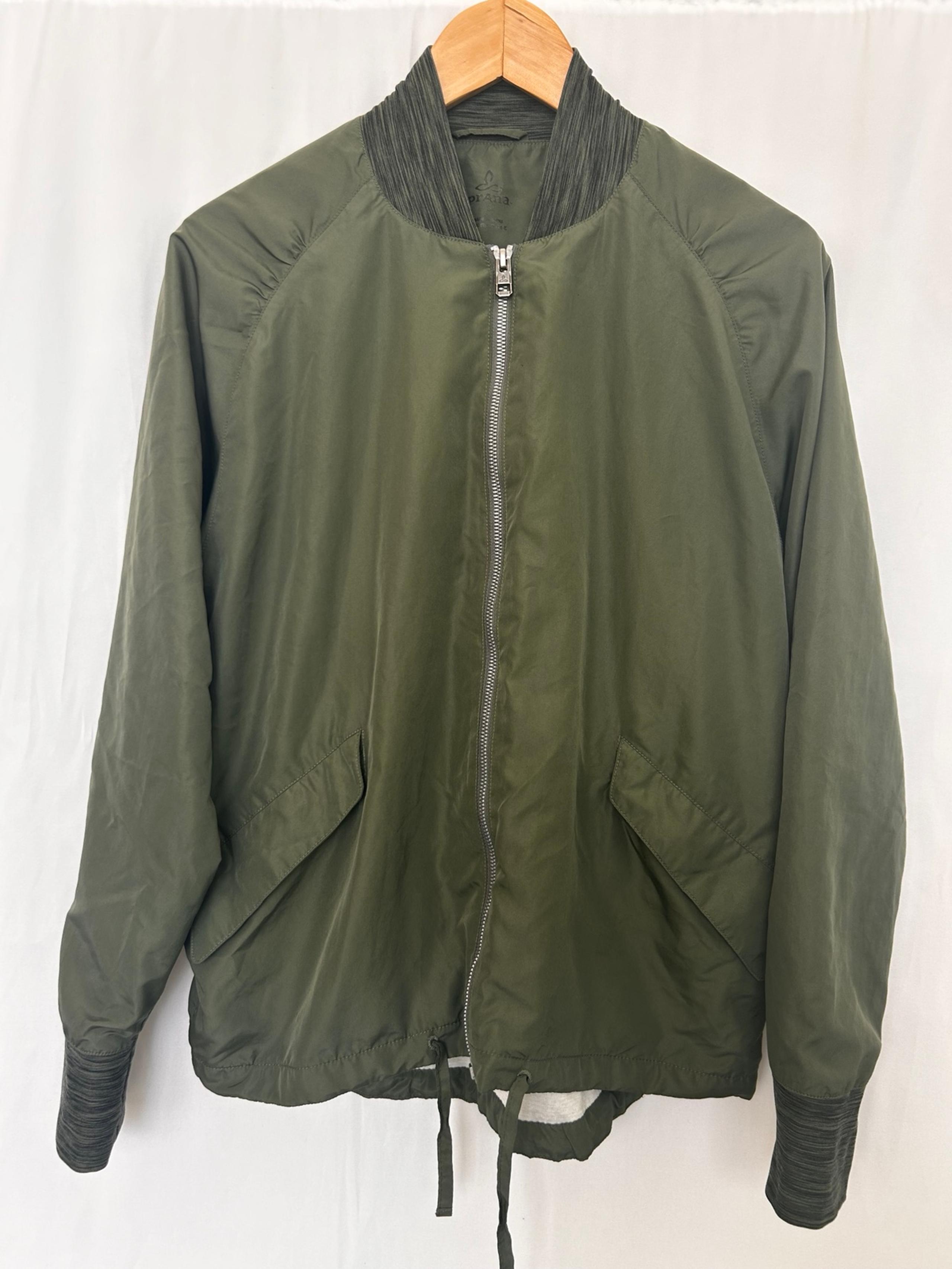 PRANA Womens Sz Small Olive Green Full Zip Jacket Rain Wind Polyester Lined EUC