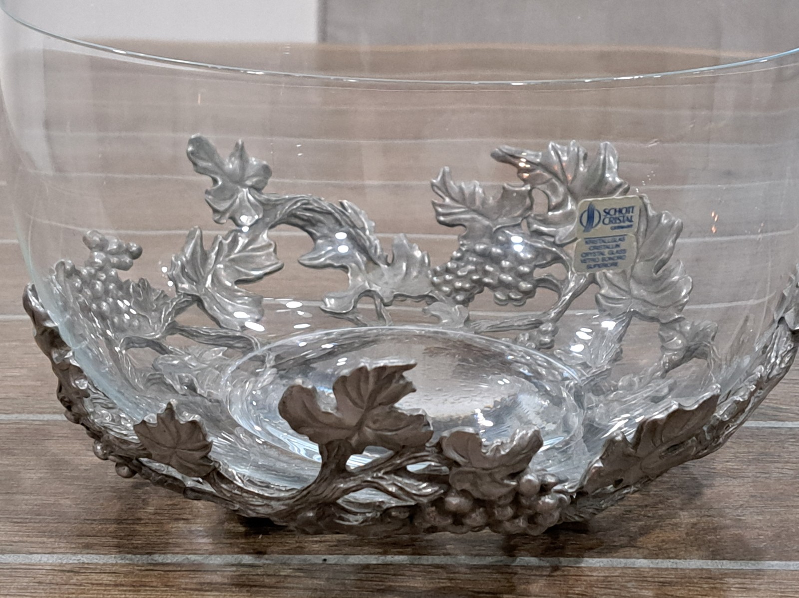 Schott Vintage Clear Crystal 8.5” Bowl With Pewter Grapevine Footed Bowl Holder