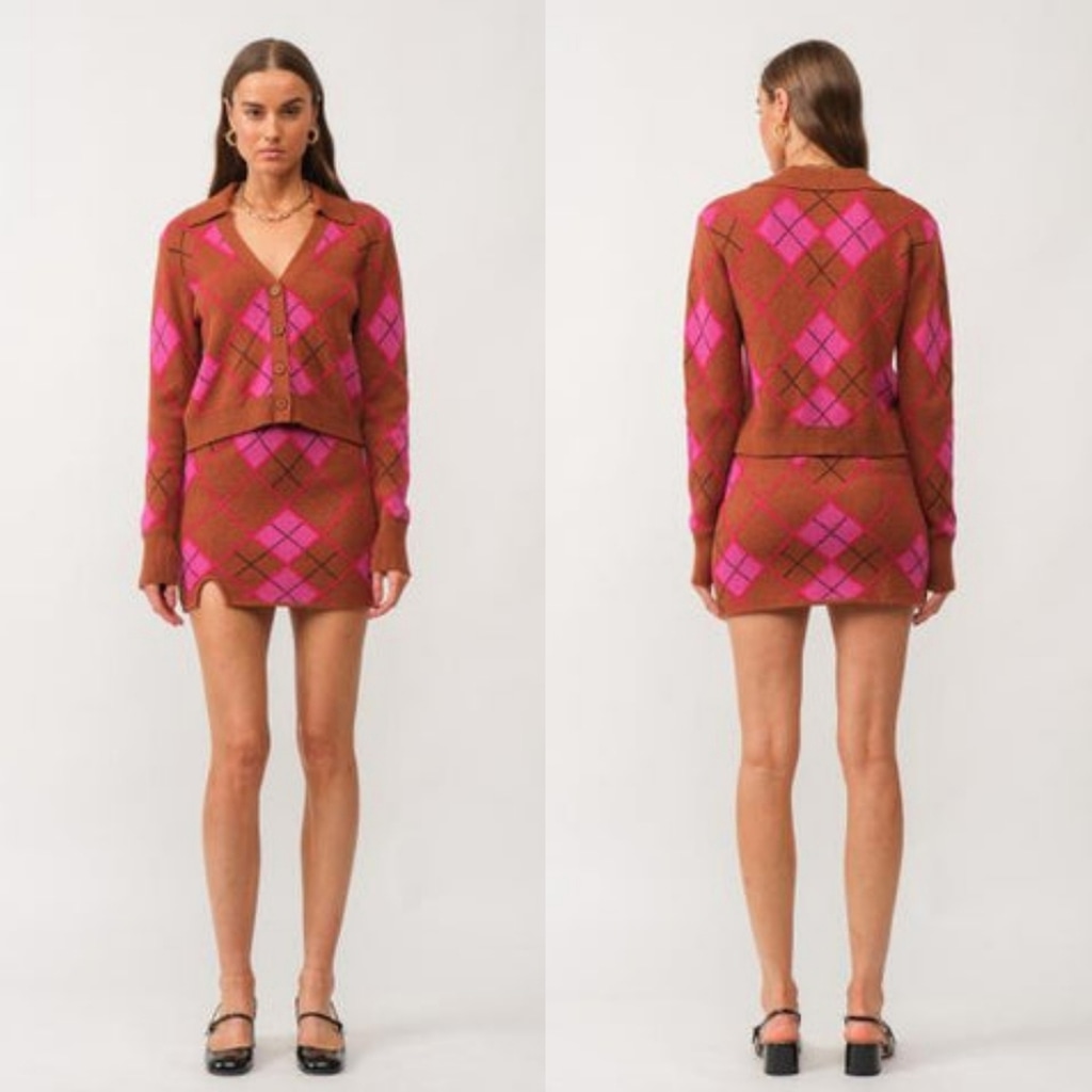 Sofie The Label Rachel Argyle Knit Cropped Cardigan Sweater Mini Skirt Set M NWT