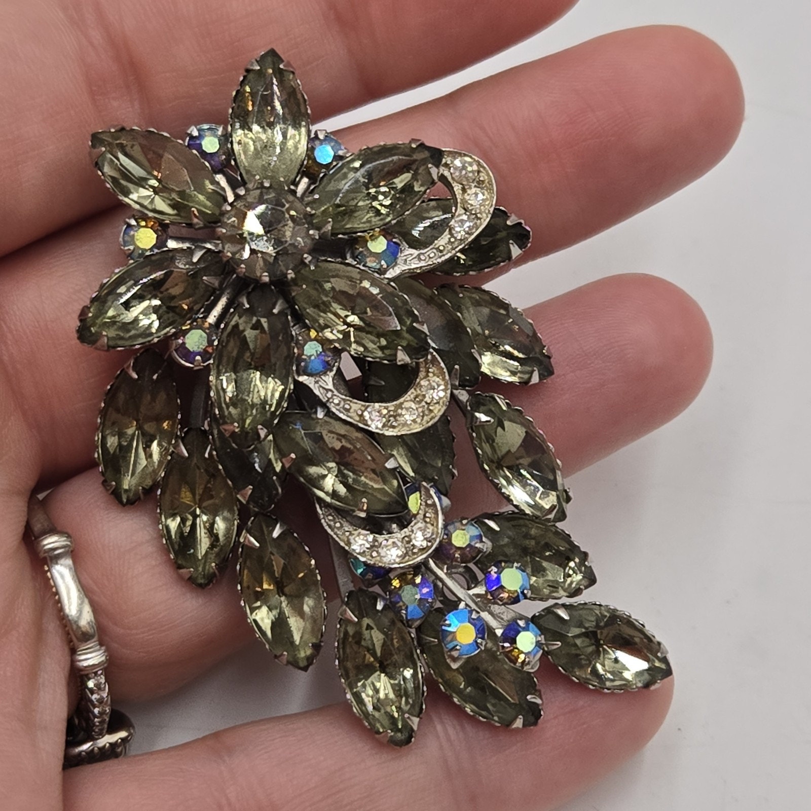 Vintage Beau Jewels Brooch Smokey Gray AB Rhinestones Spray 1950s Wedding