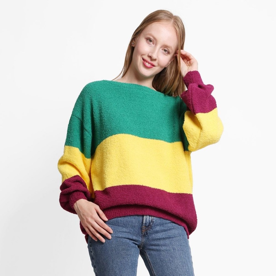 Mardi Gras Stripe Pattern Print Colorblock Sweater Long Sleeve Pullover Top