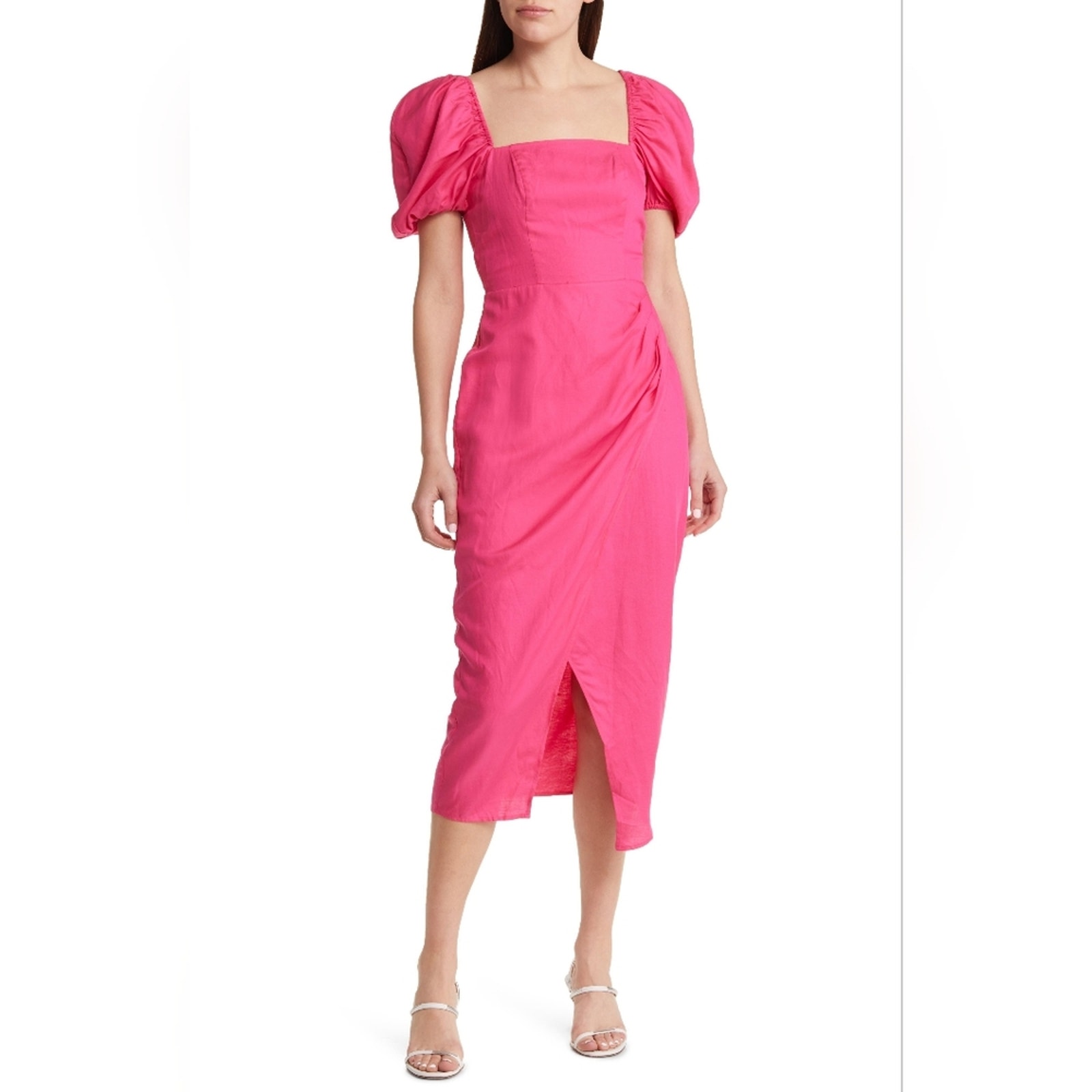& Other Stories puff sleeve fitted pink midi dress size 8